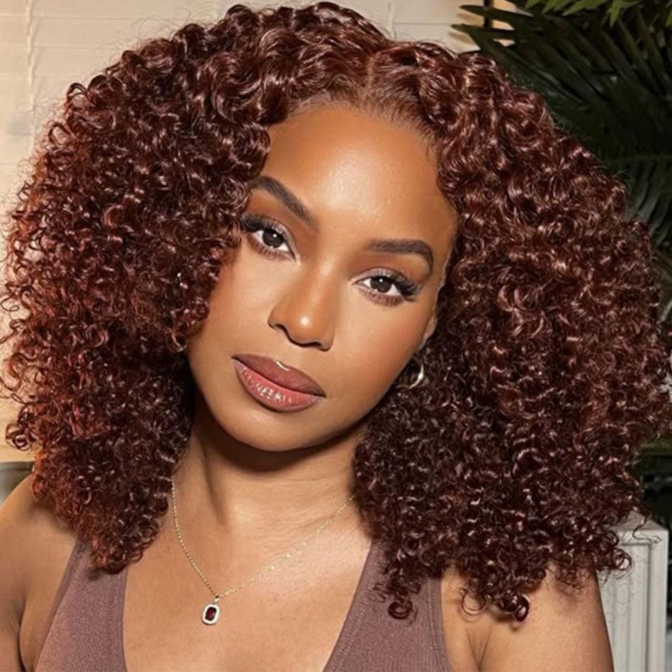 MORE FACE Wear and Go Glueless Wig #33 Reddish Brown Kinky Curly Wig Human Hair Pre Plucked Pre Cut 6*4 Transparent Lace Closure Wigs Natural Hairline