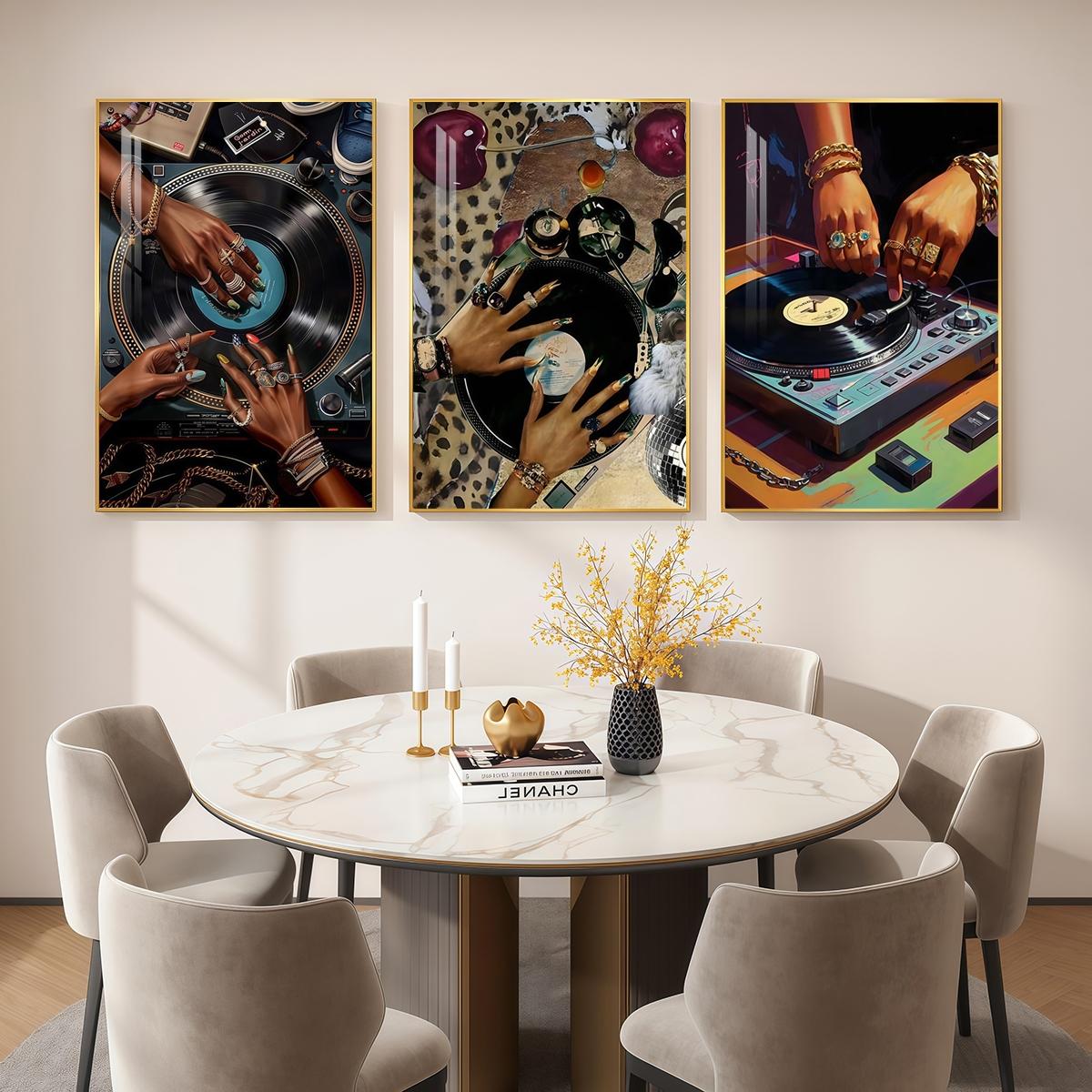 3 Counts Aluminum Alloy Framed Painting, Stylish DJ Vinyl Record Player Art Picture, Home Decoration For Living Room, Bedroom, Office, Restaurant, Hallway Wall Decor, Odorless Print Artwork, Luxury Perfect Gift For Friends And Family