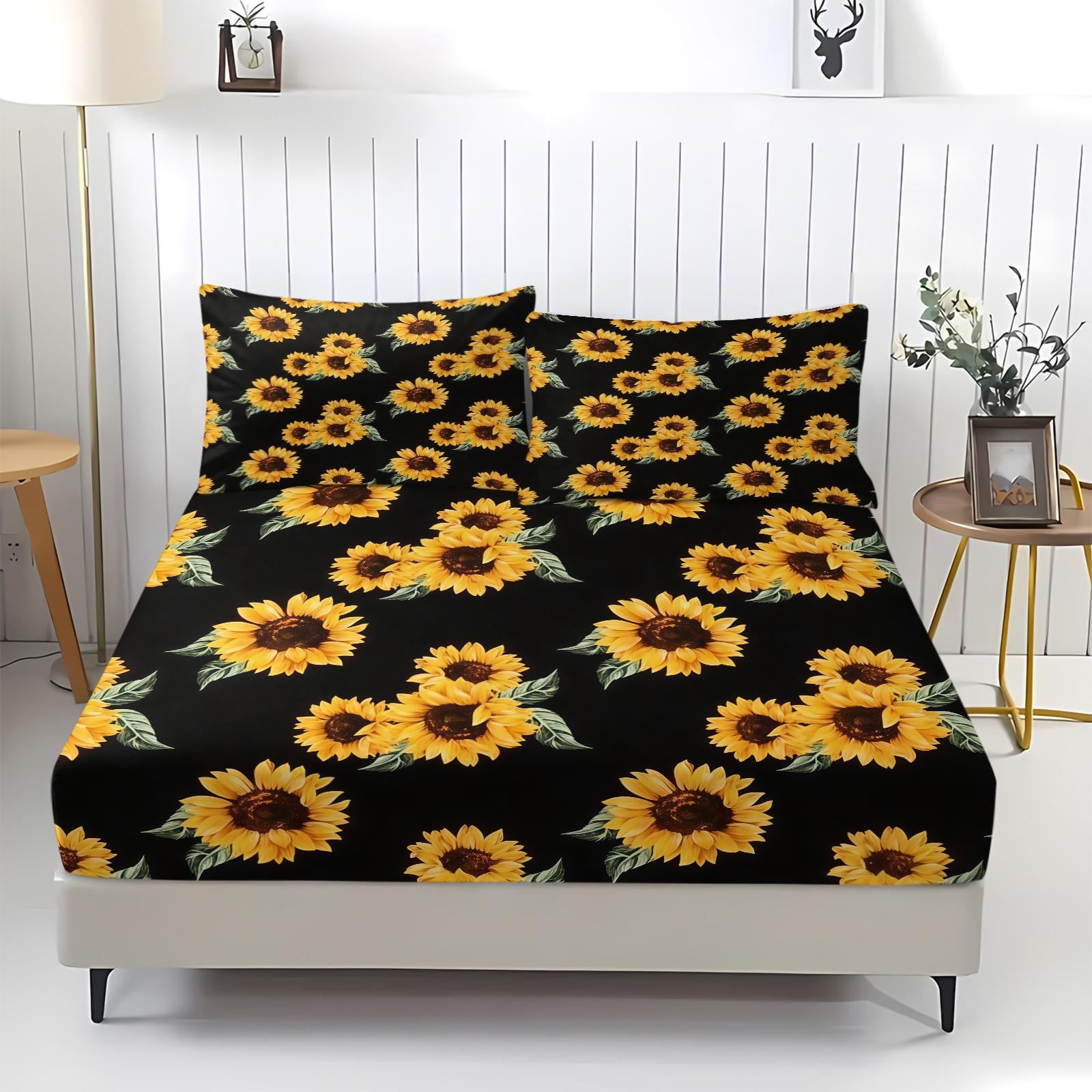 3 Piece Sunflower Pattern Fitted Sheet Set, Soft And Durable Bedding Set, Including 1 Piece Flat Sheet And 2 Pieces Pillowcases, Suitable For Children And Adults Daily Holiday Birthday Gifts Bedroom Decorations