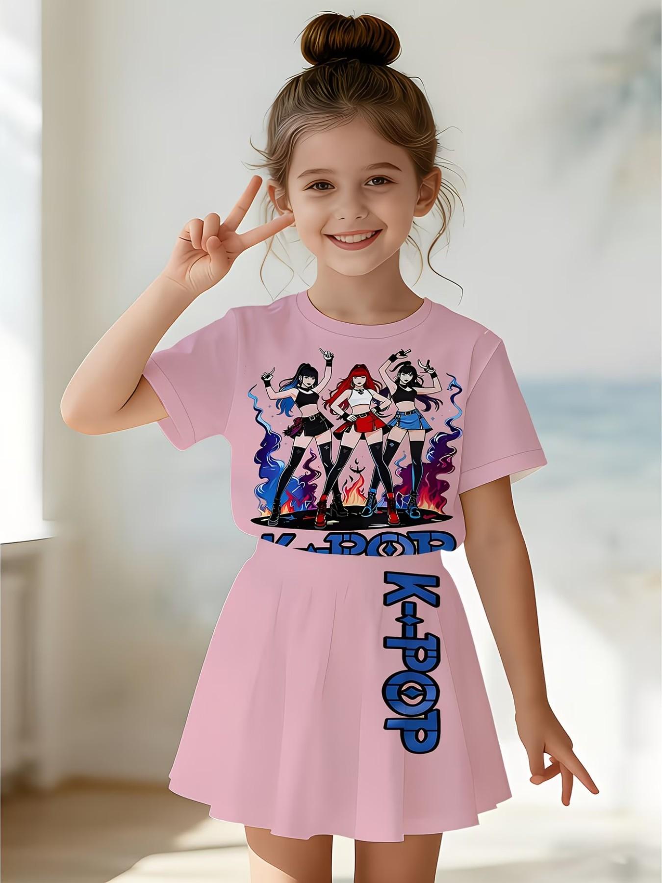 Girls' 3D Cartoon Print Top and Skirt Set, Summer Casual, Round Neck Short Sleeve, Two-Piece Suit, Daily Wear