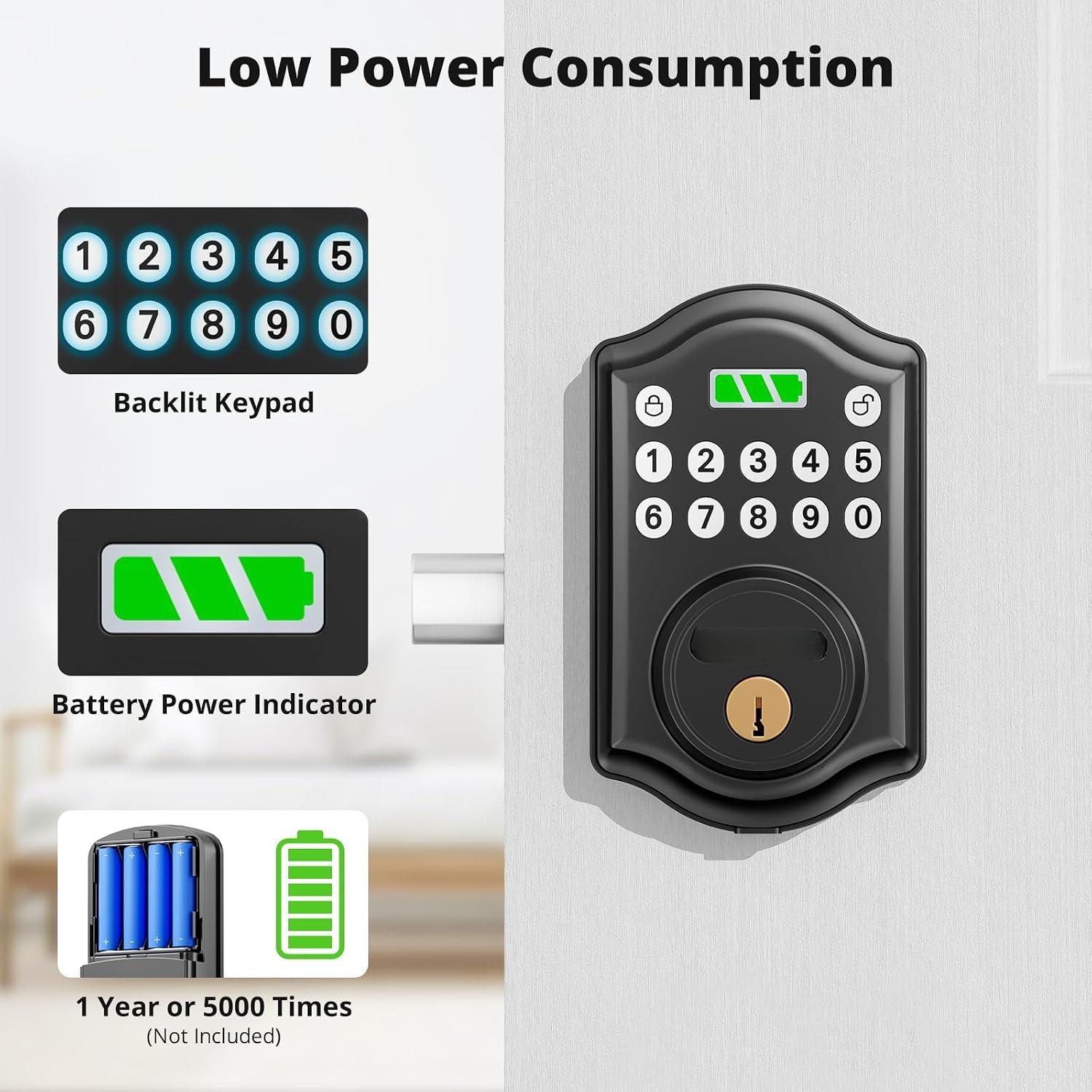 Matte Black DS10 Mini Alloy Modern Smart Door Lock with Keypad Deadbolt - Auto-Lock, Code Access, Weatherproof, Easy Installation for Front Doors, Modern Smart Door Locks