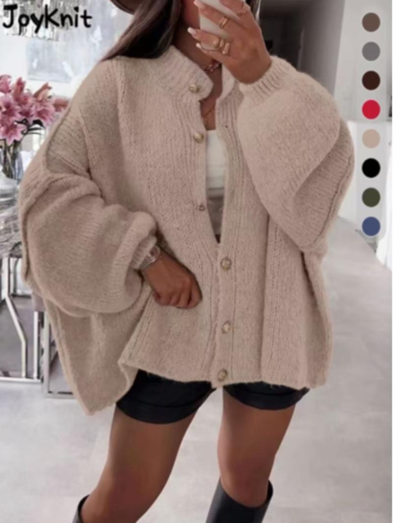 Women's Oversized Knit Cardigan Sweater, Casual Loose-Fitting Round Neck Long Sleeve Drop Shoulder Design, Fall Winter Fashion, Knitted Cardigan Tops