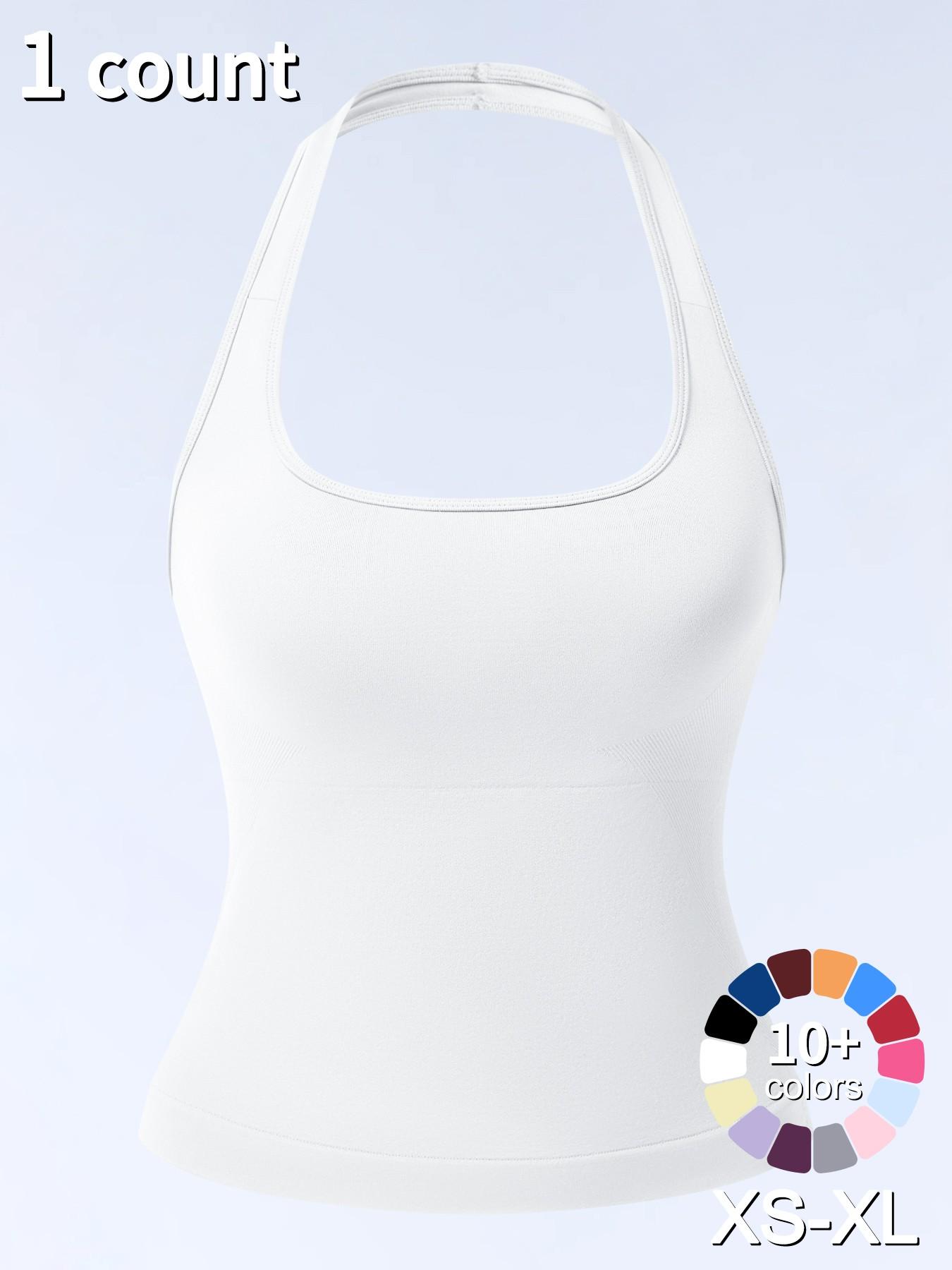 1/2/3/4 Pcs Women's Sleeveless Yoga Halter Neck Tank Top with Removable Pads, Three-Layer Seamless Backless Tank Tops Casual Solid Color Soft All Seasons Wear