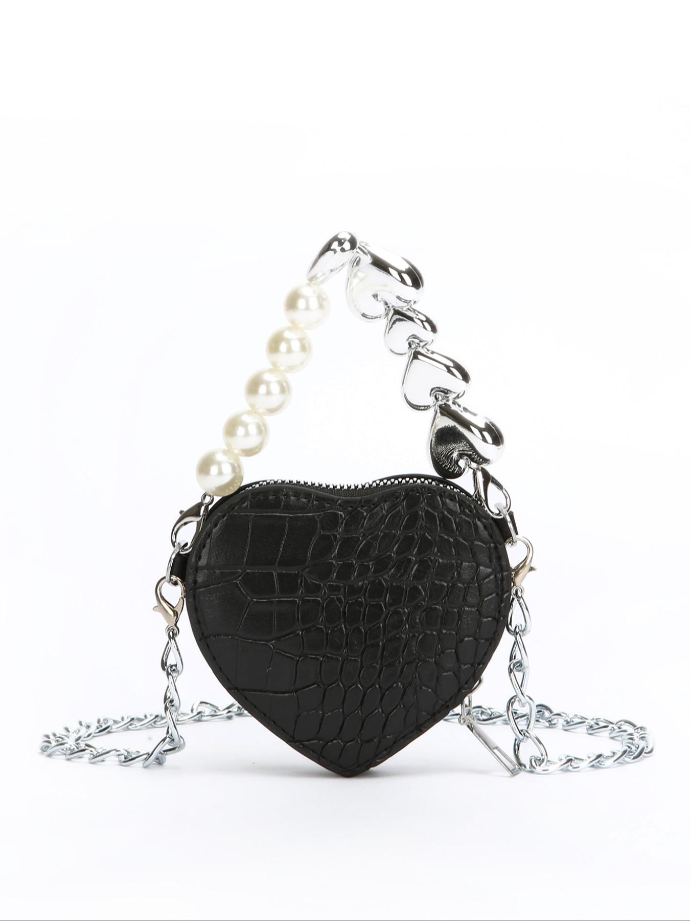 Vintage Mini Crossbody Bag, Crocodile Pattern Pearl Chain Purse, Heart Shape Fashion Coin Wallet, All Seasons Solid Design