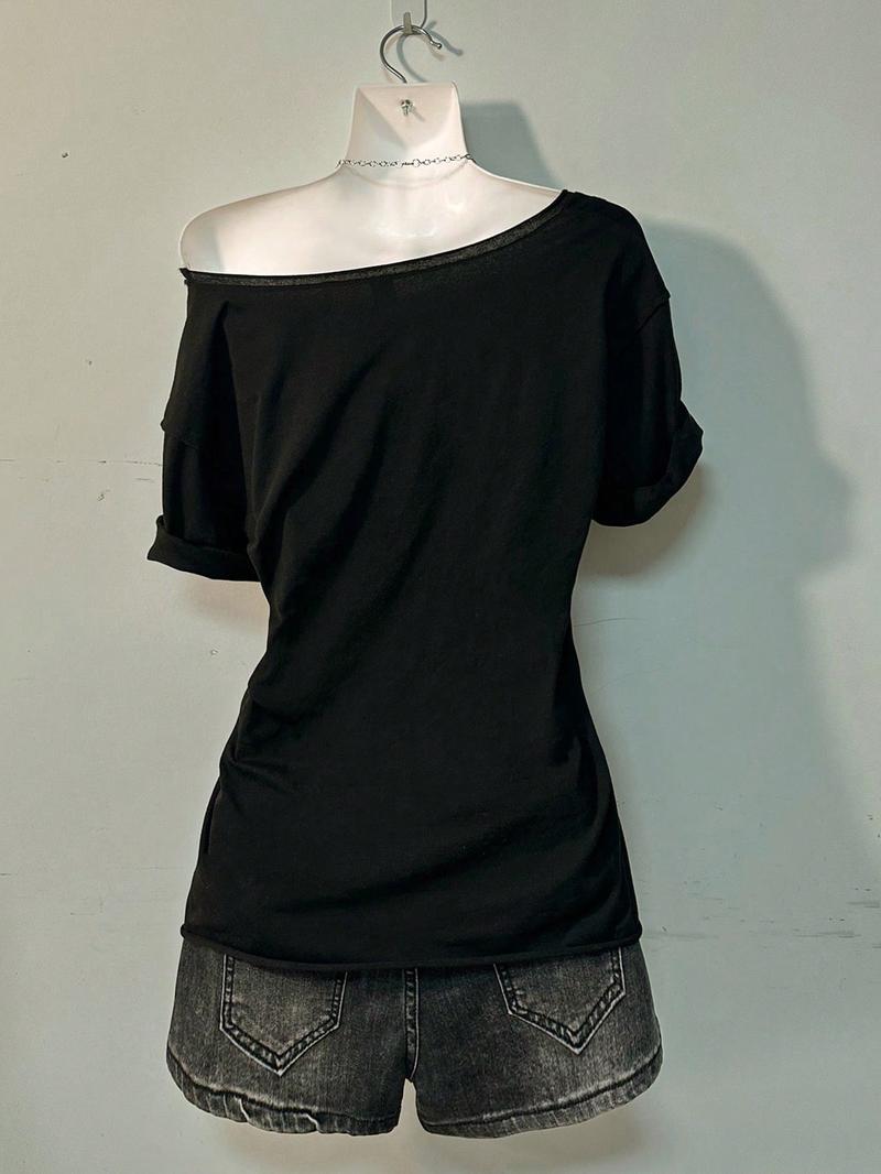 Women's Asymmetrical Neck Digital Print Summer Casual T-Shirt, Vintage Campus Style, Fashion Trend Letter Design Women's Asymmetrical Neck Digital Print Summer Casual T-Shirt, Vintage Campus Style, Fashion Trend Letter Design