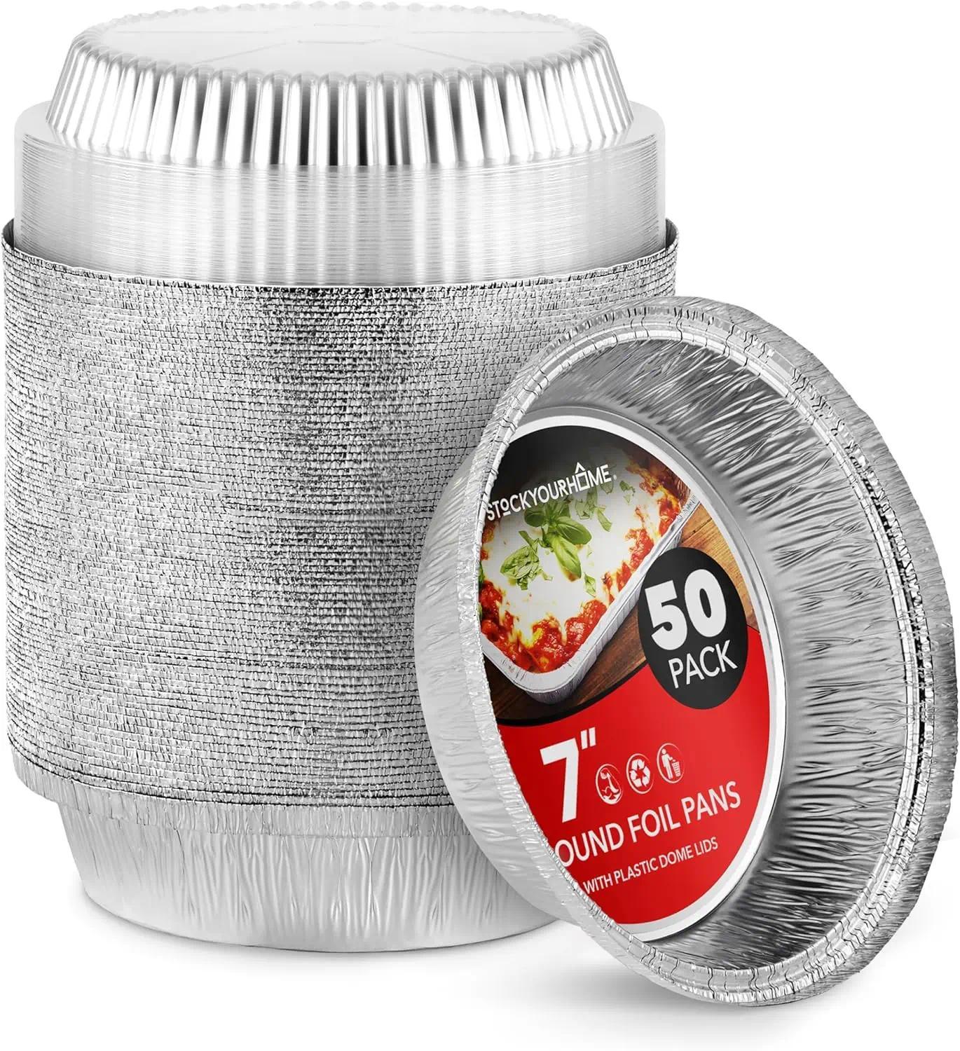 7 Inch Round Aluminum Pans with Lids, 50 Pack - Disposable Foil Pans for Baking, Takeout, and Storage