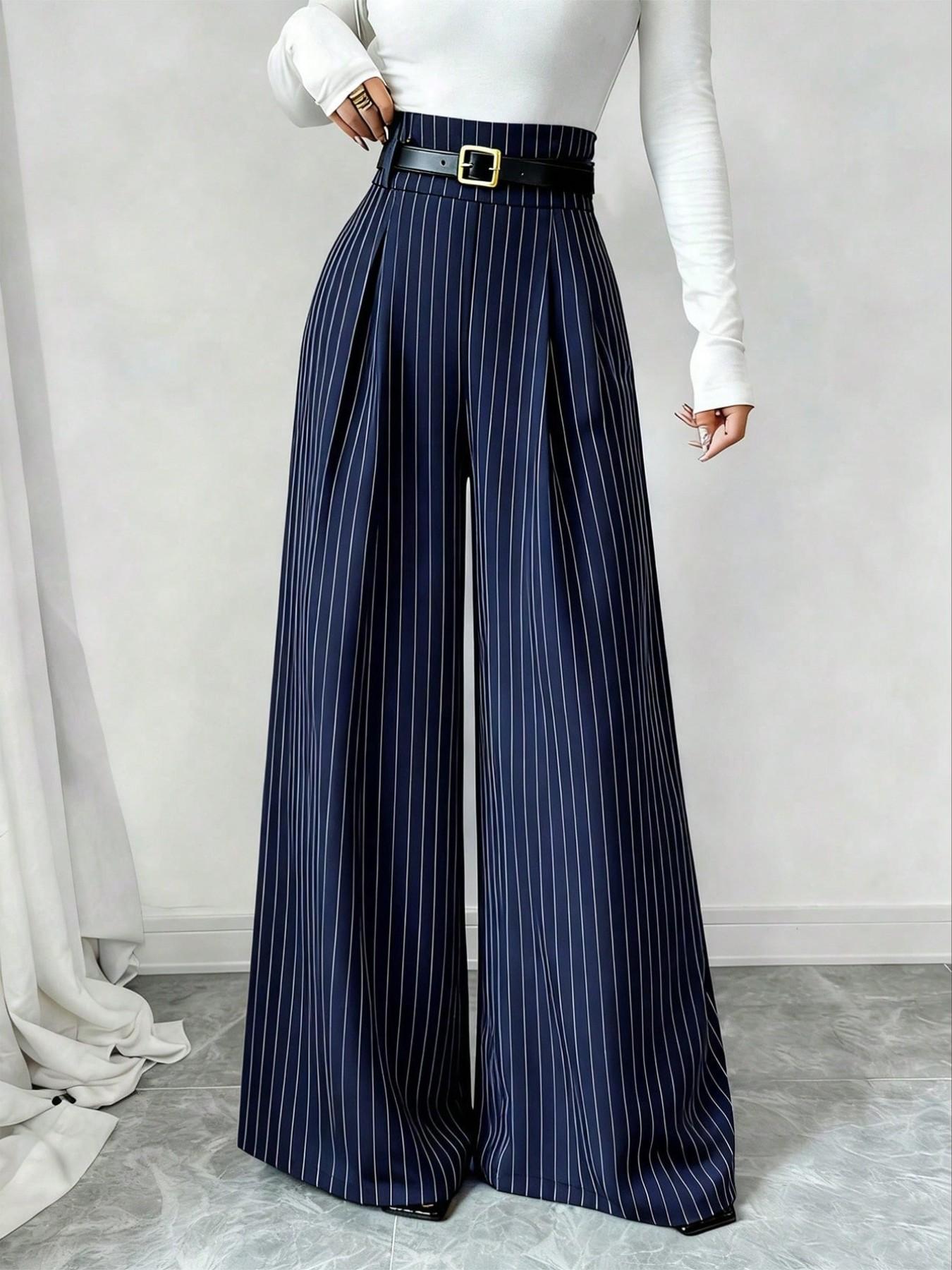 Women's New Navy Striped Suit Pants, High Waist Elegant Fashion, Elastic Waist Straight Leg Loose Wide Leg Pants, Casual Daily Commute, Casual Summer Bottoms, Classy Casual Trousers, All Season Trousers