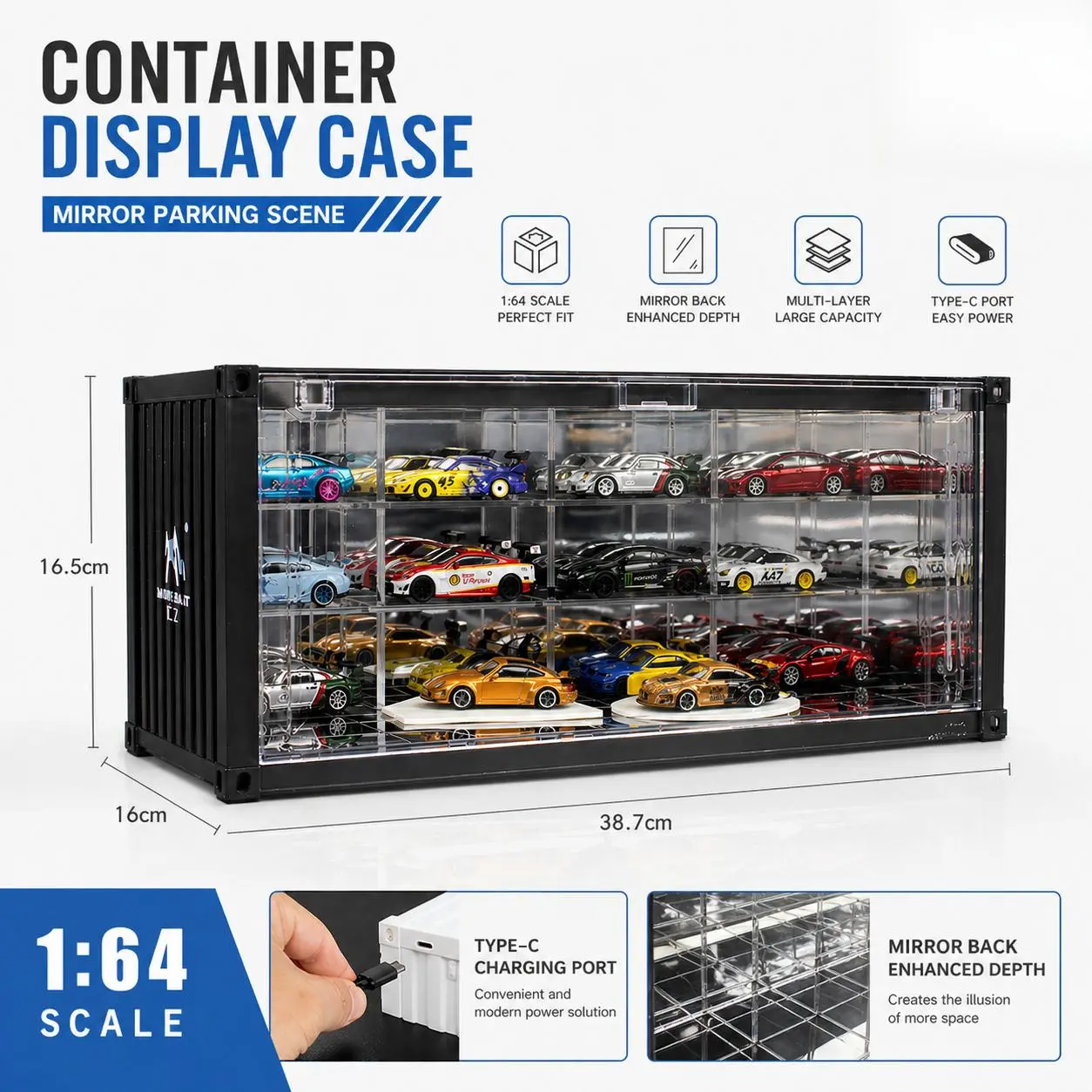 1:64 Scale Diorama Diecast Garage Model LED Lighting Parking Lot Scene Model Cars Display Case Diecast Car Display Collection Showcase Container Repair Shop Gift Ornament