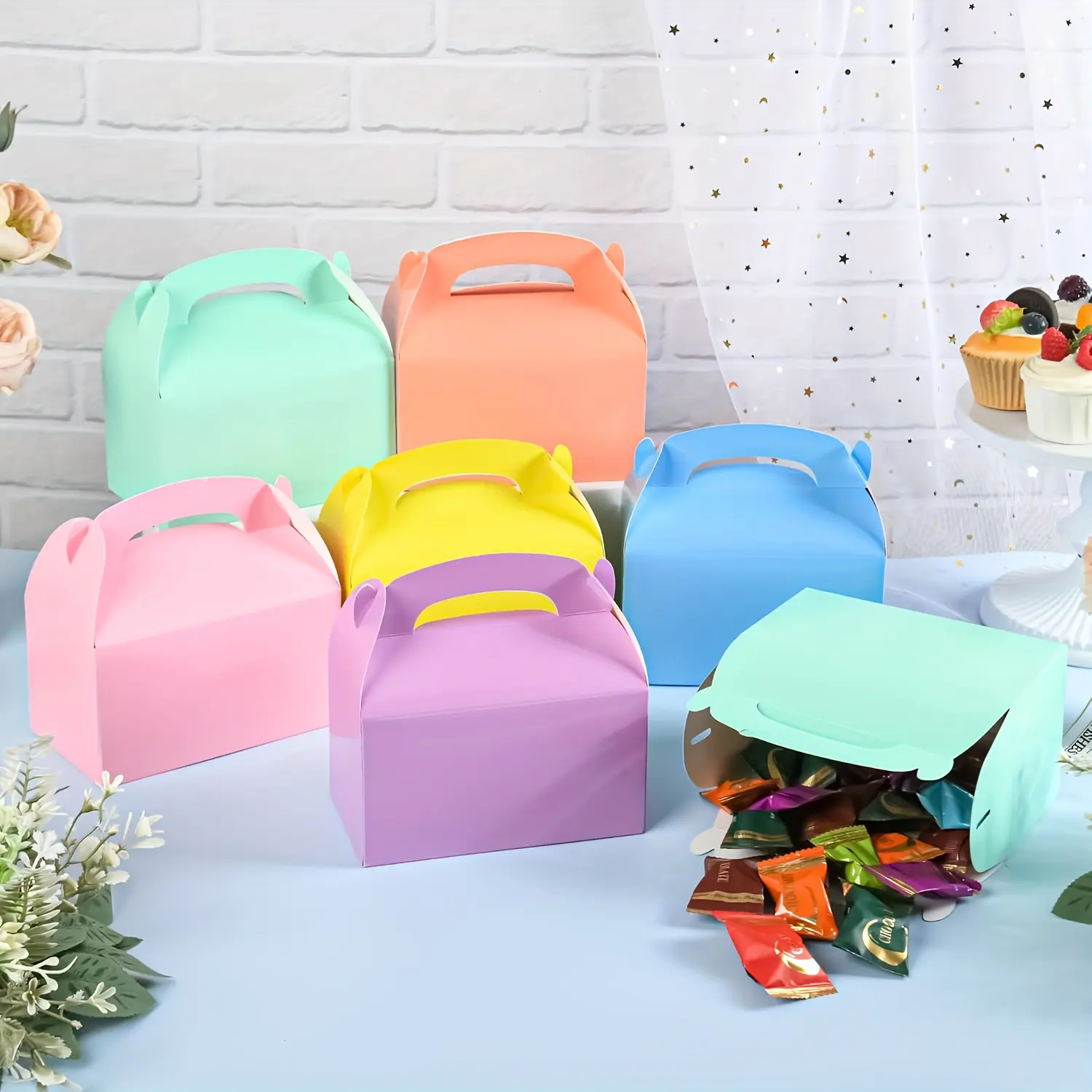 60/89pcs Pastel for Party Favor Treat Boxes, Colorful Paper Candy Gift Gable Boxes for Party Favors, Pastel Goodie Box for Birthday Wedding Spring, Graduation Season Gift Box for Party Supplies Decorations