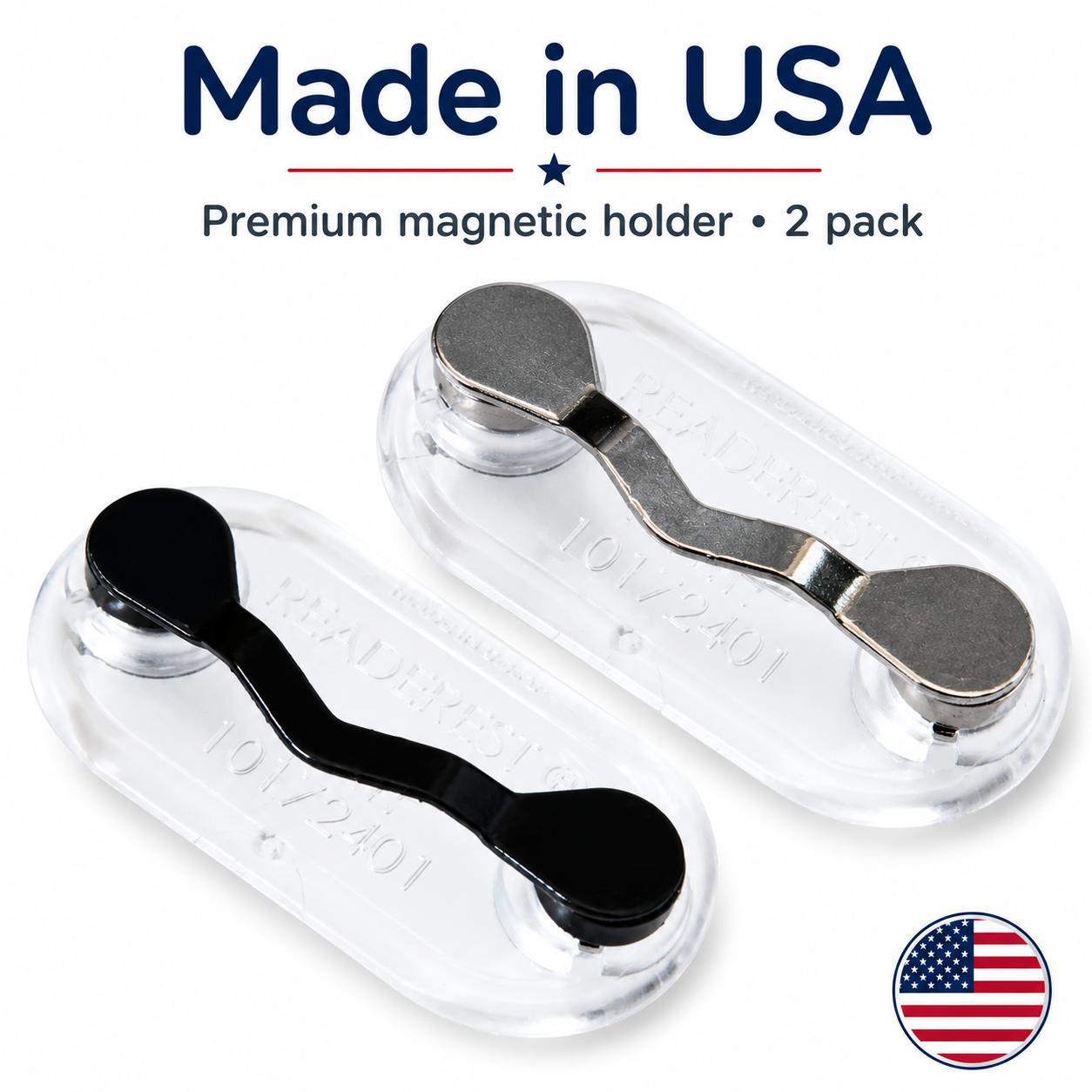 2 Pack Magnetic Glasses Holder Clip, Stainless Steel Black Eyeglass Fastener, Strong Magnetic Storage Clip for Reading Glasses, Sunglasses, Blue Light Eyewear, Safety Glasses and Earphones, Hands Free Portable Daily Accessory, Made in USA