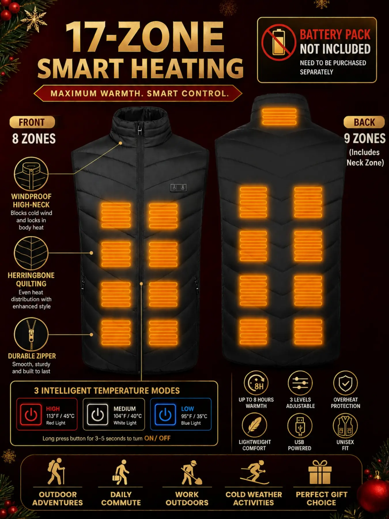 Men's Electric Heating Vest for Fall Winter, Three-Temperature Control, Windproof, Lightweight, Outdoor Gear, Gift Idea