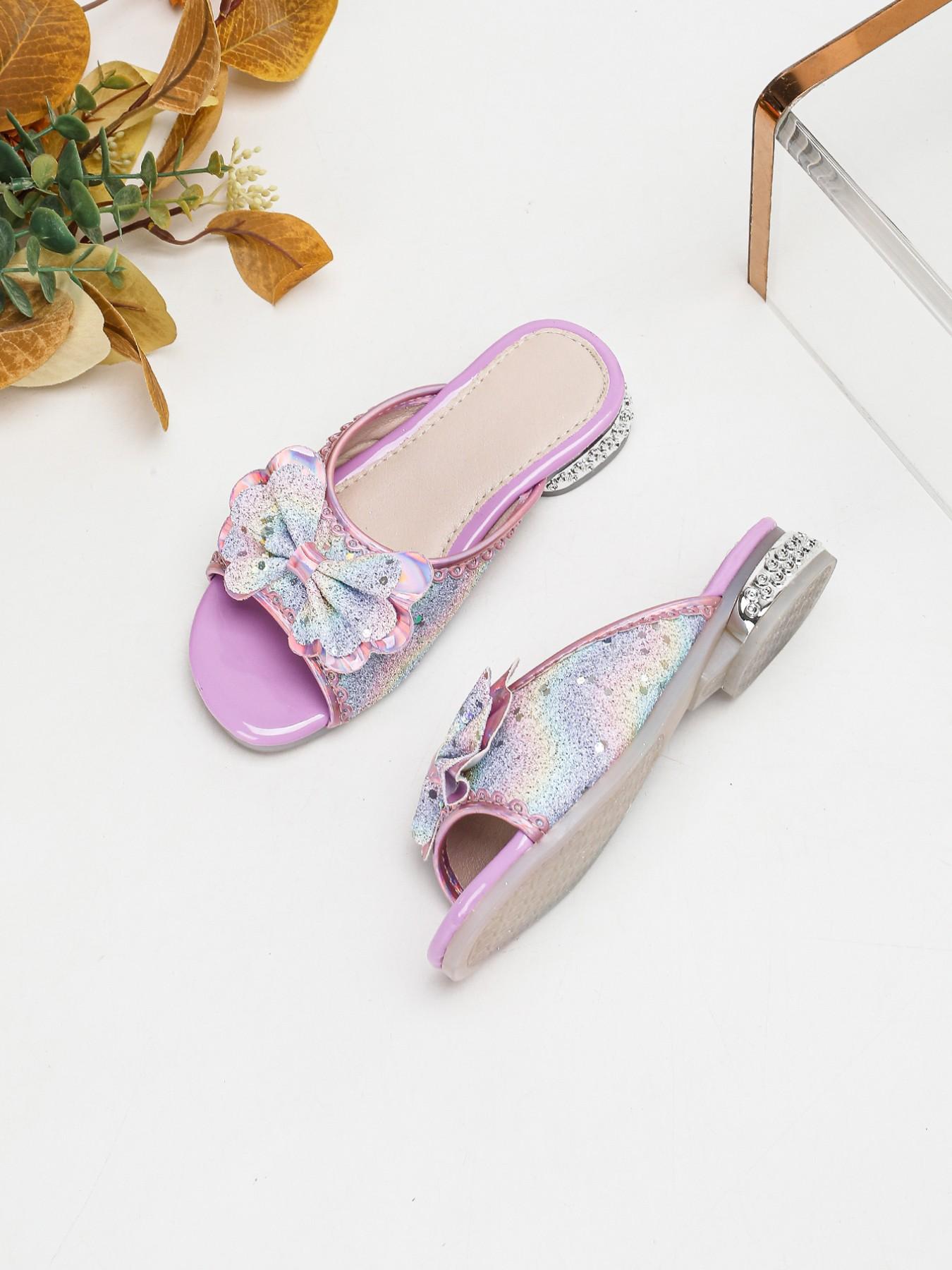 Girls' Pink/Blue Holographic Rainbow Glitter 3D Bow Decor Open Toe Soft Non-Slip Low Heel Mule Sandals | Dreamy Princess Style for Daily Wear / Performance / Banquet & Formal Occasions / Outing