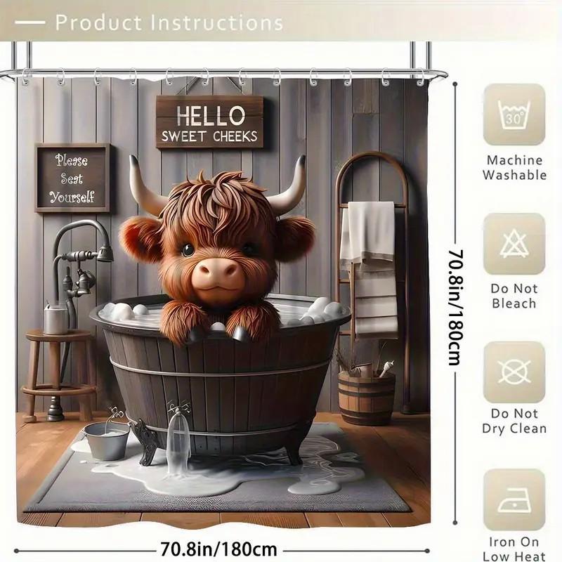 1/4pcs Happy Highland Cow Calf Bathing Design Bathroom Shower Curtain and Mat Set, includes 12 hooks, non-slip bathroom mat, non-slip toilet U-shaped mat, toilet seat cover, bathroom partition, Shower Curtain Sets, modern home decor. 1/4pcs Happy Highland Cow Calf Bathing Design Bathroom Shower Curtain and Mat Set, includes 12 hooks, non-slip bathroom mat, non-slip toilet U-shaped mat, toilet seat cover, bathroom partition, Shower Curtain Sets, modern home decor.