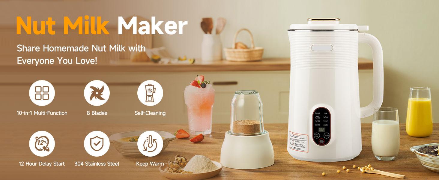 10 in 1 Almond Milk Maker & Nut Milk Maker Machine, 35oz Automatic Soy, Oat, Coconut Milk, Juice & Porridge Maker with 8 Blades, Delay Start, Keep Warm, Boil Water, Self-Cleaning, Cream