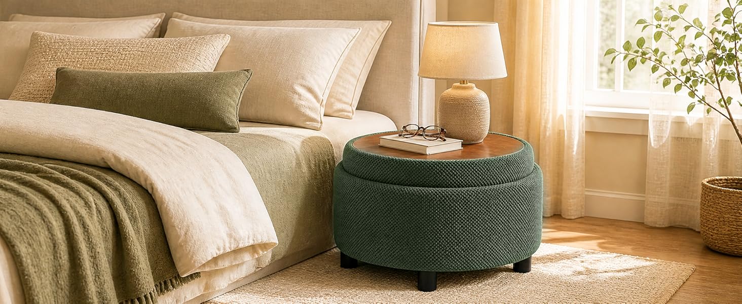 25" Round Fabric Tufted Storage Ottoman - Dark Brown, Reversible Wood Tray Top, Hidden Storage for Blankets & Pillows, Short, Modern, Fixed Arms, No Fire Safety Label, Assembly Required Footrest/Coffee/Side Table for Living Room Small Spaces