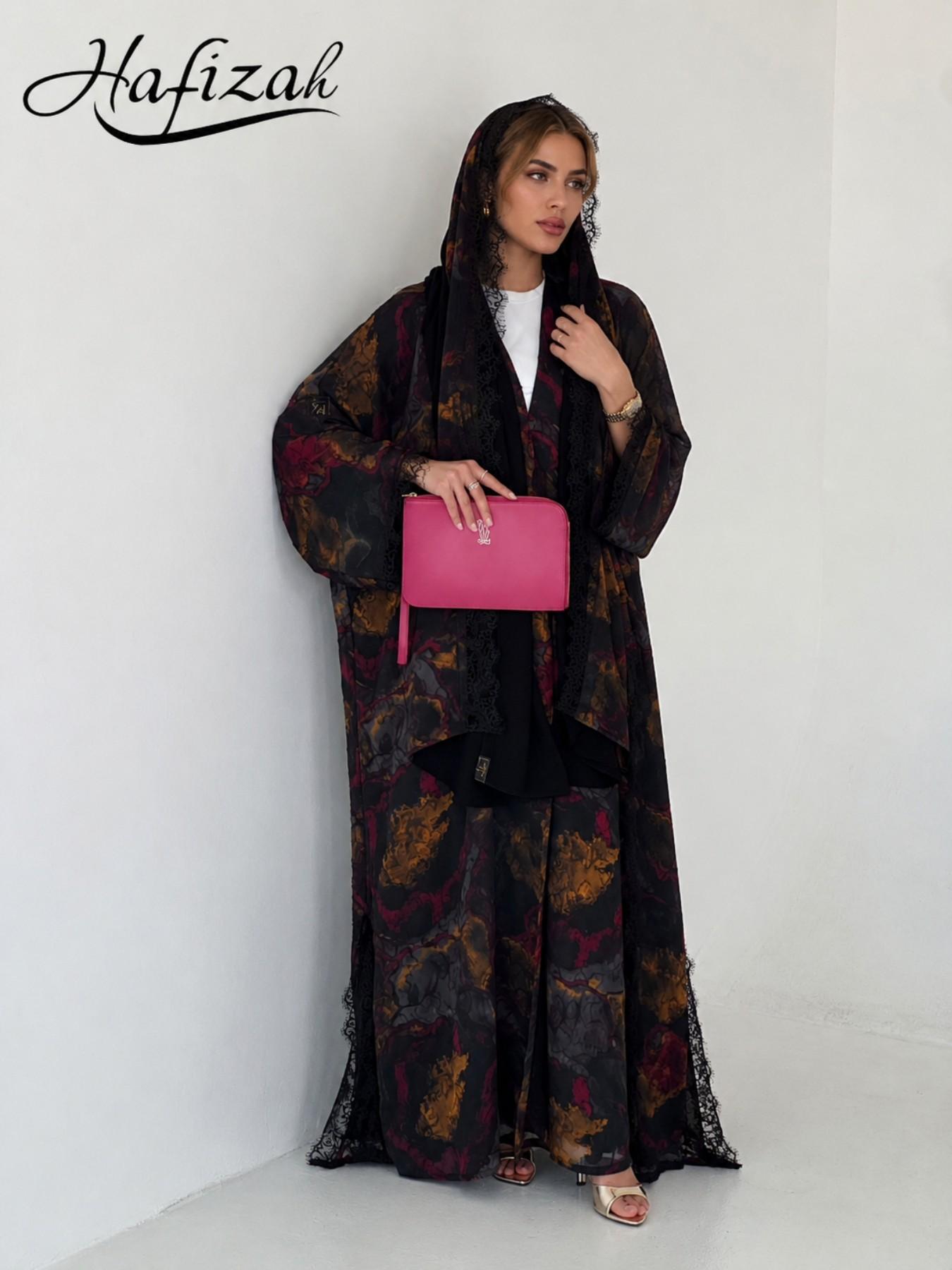 Women's Luxurious Lace Marble Print Robe, Elegant Open Front Kimono Style, Lace Trimmed, Muslim Modest Dress, Ramadan Eid Fashion