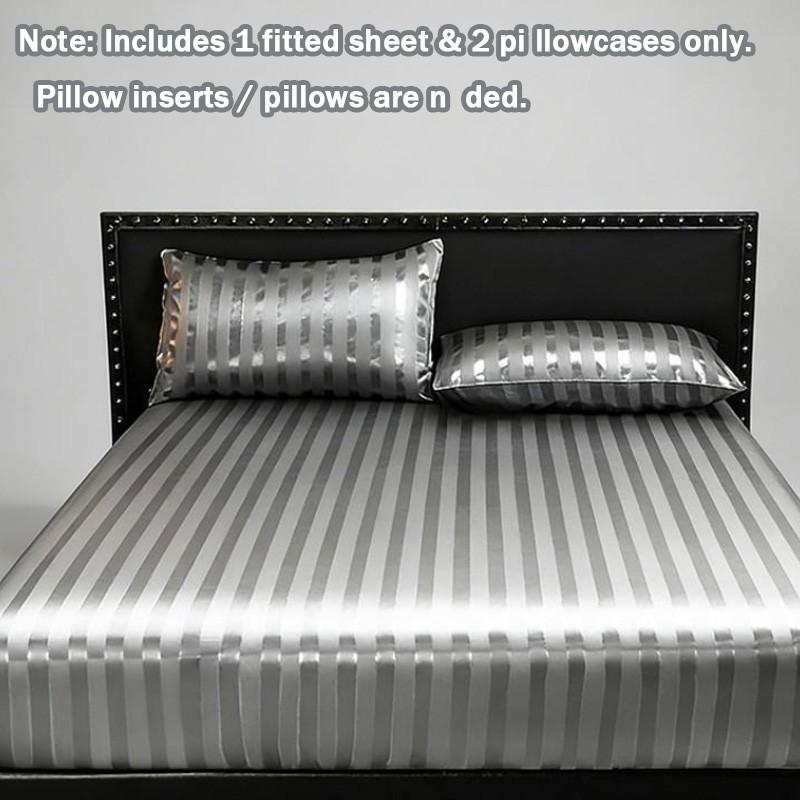 Luxury Striped Satin Fitted Sheet 3 Piece Set, Cooling Deep Pocket, Wrinkle & Fade Resistant, Hotel Style for Hot Sleepers