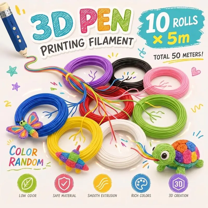 3D Pen Filament Refills - PLA, 10 Random Colors, 10 Rolls*5m, Non-Toxic Low Odor, Unisex Colorful Crafting Painting 3dpen Accessories Kit for Kids, Birthday Gifts, 3D Printing Pen
