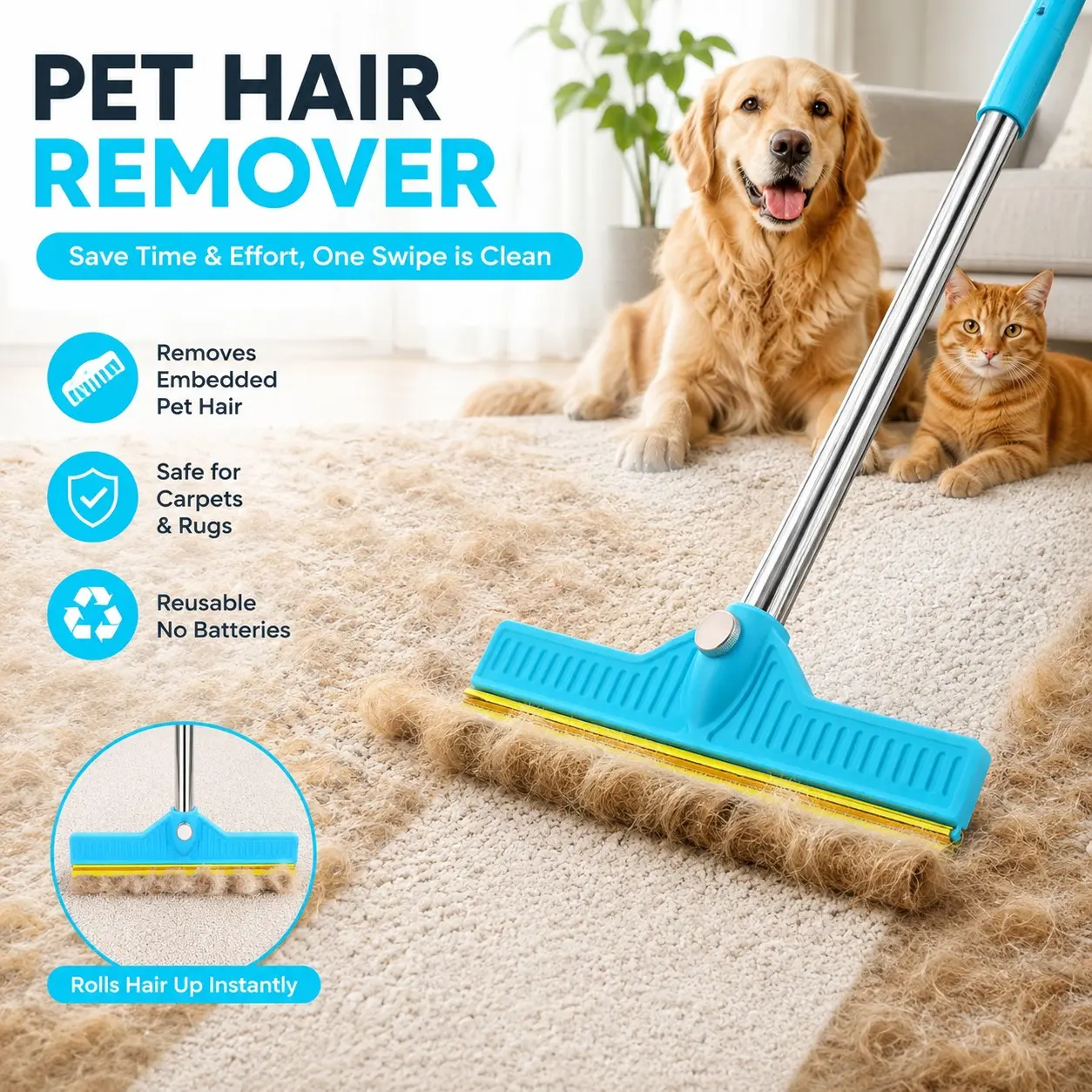 Long Handle Lint Remover for Home, Pet Carpet Hair Remover, Cat Dog Cleaning Tool, Household Carpet Dehairing Device, Essential Pet Grooming Aid, Cleaner