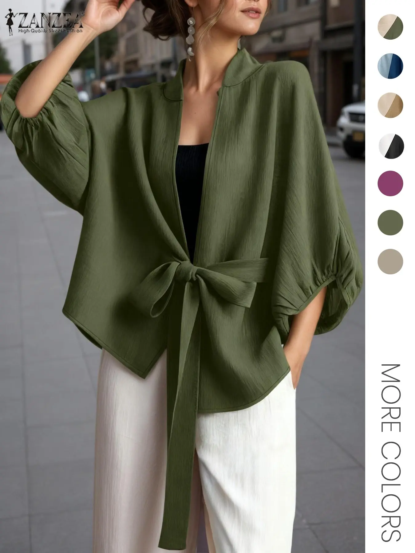 Women's Casual Cardigan Jacket, Bow Tie Front Lantern Sleeves Design, 3/4 Sleeve Fitted H-Type, Perfect for Daily Commute and Travel