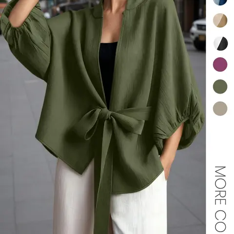 Women's Casual Cardigan Jacket, Bow Tie Front Lantern Sleeves Design, 3/4 Sleeve Fitted H-Type, Perfect for Daily Commute and Travel, Minimalist