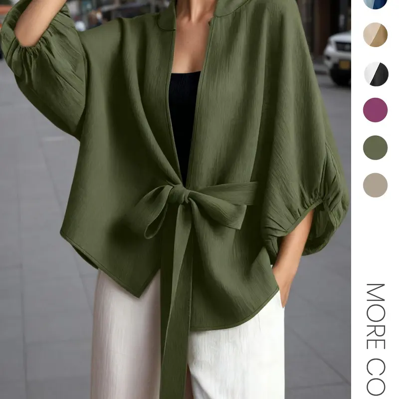 Women's Casual Cardigan Jacket, Bow Tie Front Lantern Sleeves Design, 3/4 Sleeve Fitted H-Type, Perfect for Daily Commute and Travel, Minimalist