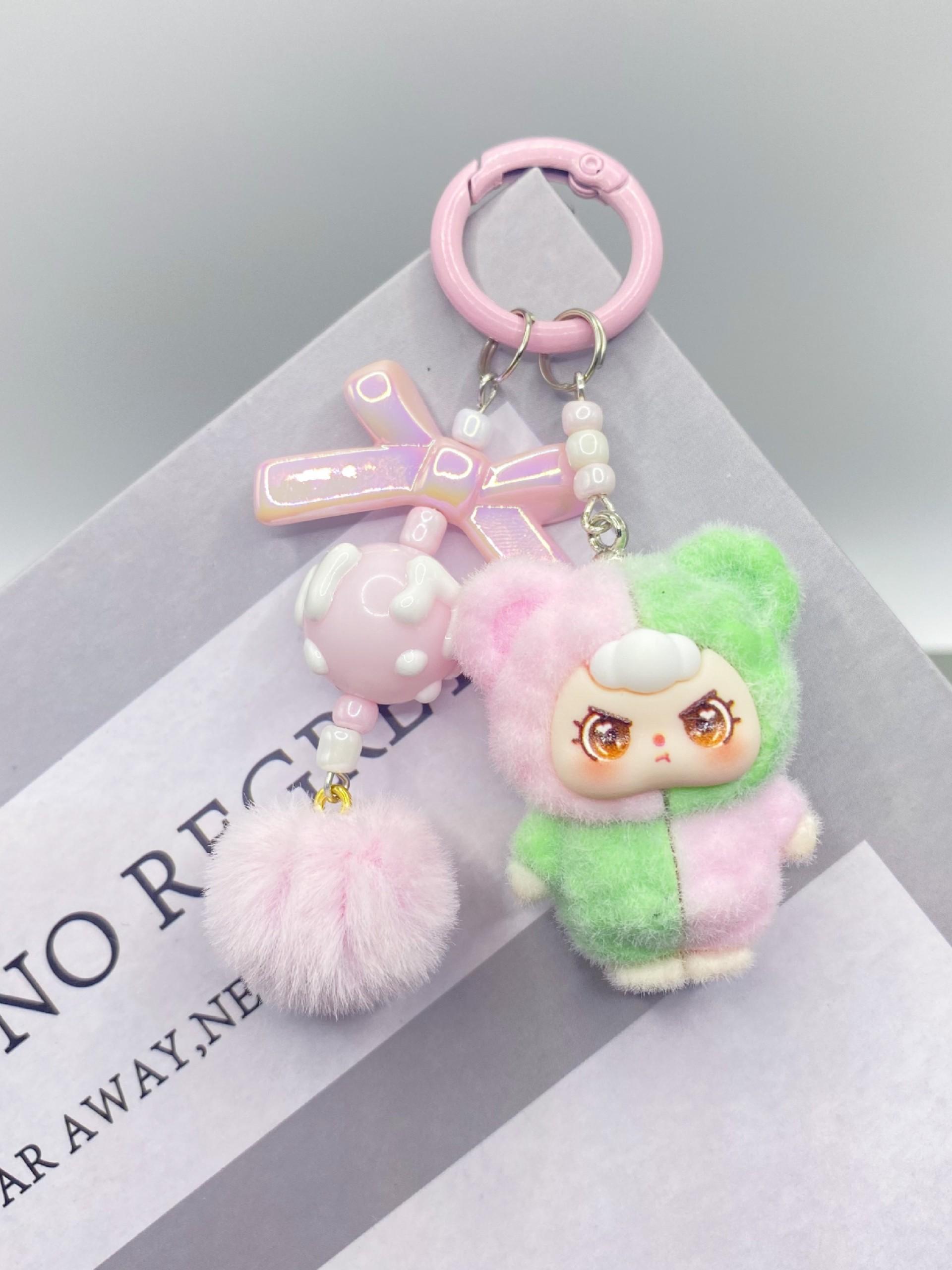 Kawaii Cute Dopamine Flocked 3-Year-Old Doll Keychain, Color Block Bow Moe Beads Bag Charm, Sweet Backpack Pendant Car Key Ornament Phone Strap, Ideal Birthday Christmas Valentine's Day Gift for Student Girls