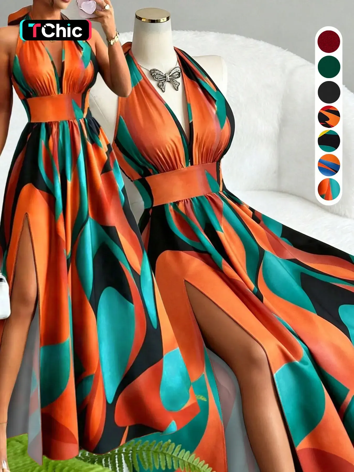 Printed Halter Long Dress, Deep V Neck Split Dress, Vintage Style, Sleeveless Backless, Beach Vacation, Summer New Arrival, Ff2608