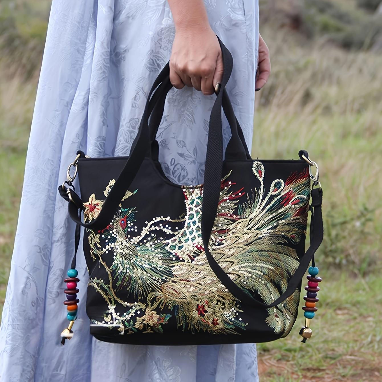 Outdoor Bohemian Canvas Tote Bag with Good luck, auspiciousness, Chinese style Phoenix Sequin Totem Design, Handmade Embroidery