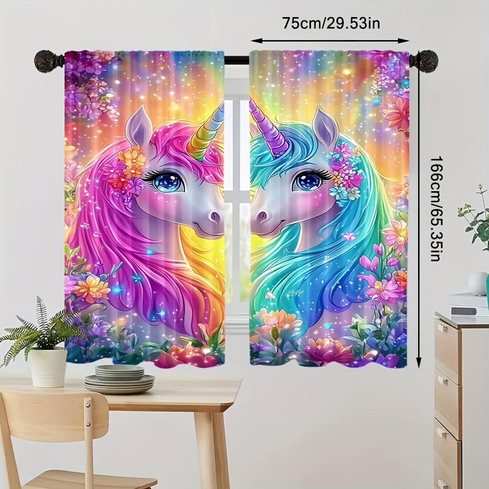 2 pieces, Magic Unicorn Flower Curtains with vibrant rainbow and sparkling star design - rod pocket style, semi-sheer polyester, suitable for home living room bedroom balcony kitchen study and bathroom window decoration, easy to clean.
