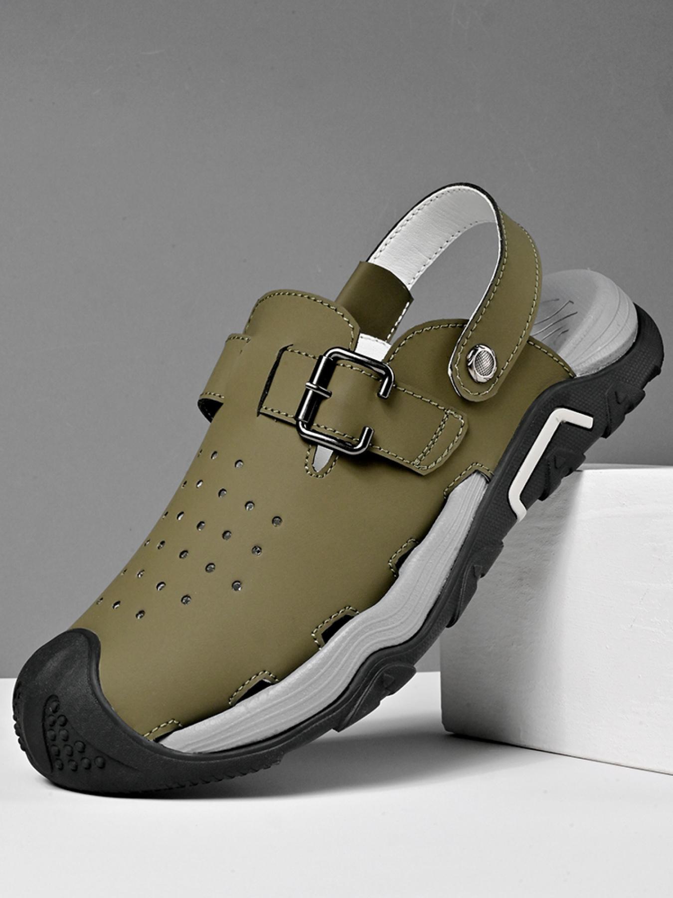 Men's Solid Color Dual-Wear Closed-Toe Perforated Sandals, Adjustable Velcro Non-Slip Beach Shoes, Breathable Outdoor Water-Slippers