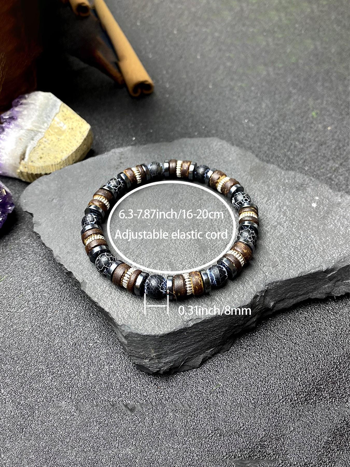 Natural Hematite & Weathered Wood Beaded Stretch Bracelet for Men, Retro Bangle, Rustic Earthy Style, Everyday Casual Wear, Thoughtful Gift