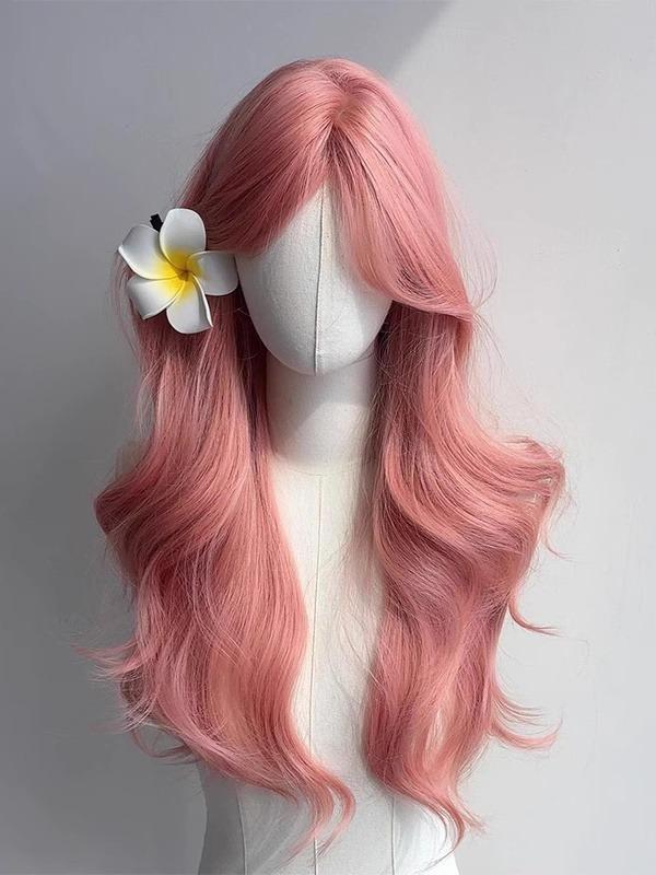 24 Inch Long Wavy Wig with Curtain Bangs, Stylish Face Framing Hairpiece, Natural Synthetic Heat Resistant Matte Fiber for All Occasions