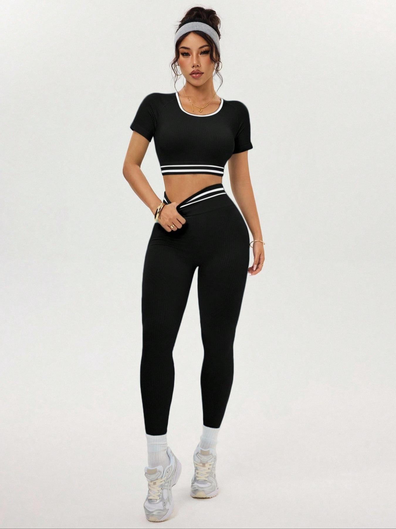 Women's Two-Piece Set, Colorblock Ribbed Round Neck Sporty Short Sleeve, High Waist Butt Lifting Yoga Tight Pants, Casual Fitness Fashion