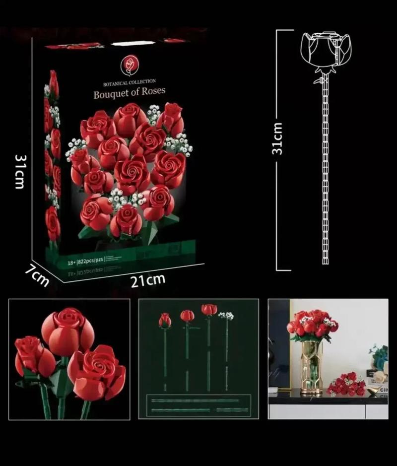 789pcs Pink Rose Bouquet 10374 Building Blocks Sets Red Rose Artificial Flower Bouquet Suitable for Christmas Gifts for Girlfriend Valentine's Day Gifts