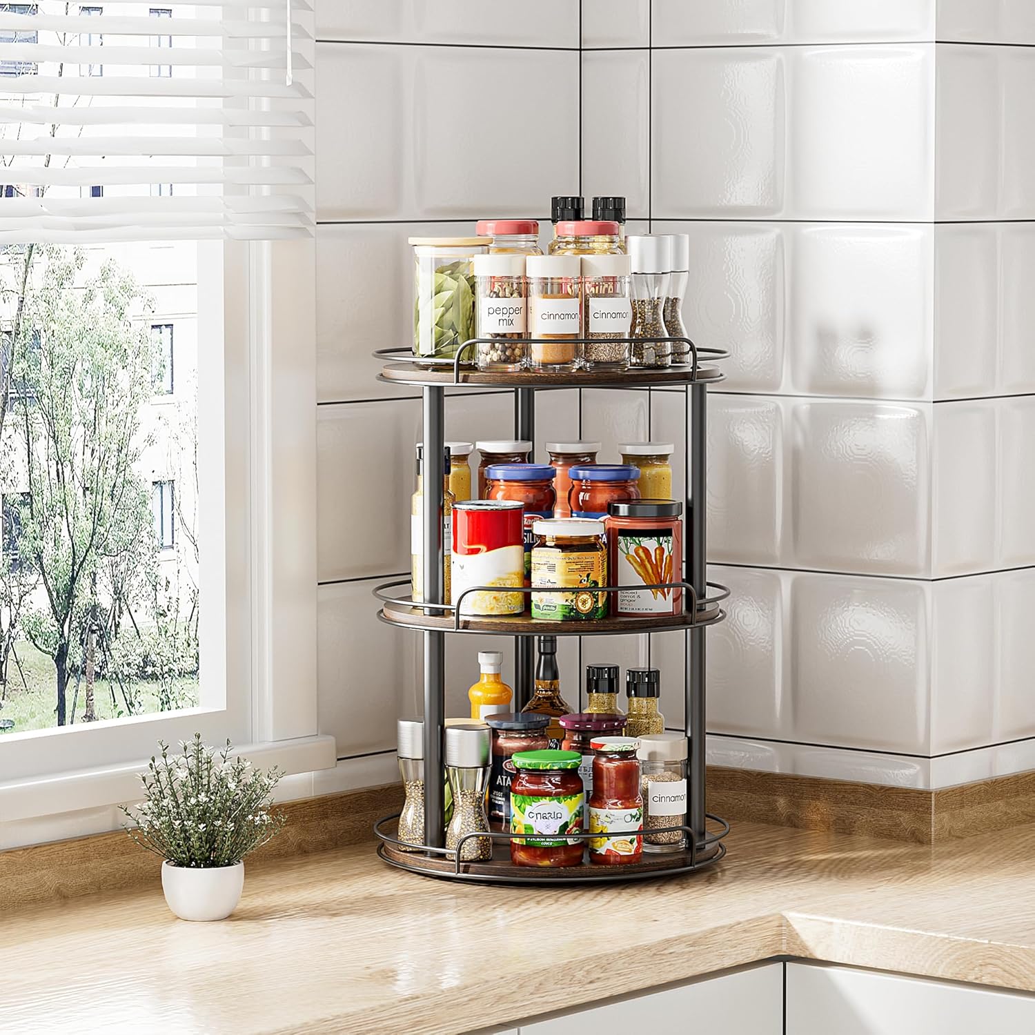 12.2'' Wood Lazy Susan Turntable Organizer for Cabinet, 3 Tier Lazy Susan Spice Rack Organizer for Kitchen, Table Top, Countertop, Pantry, Bathroom