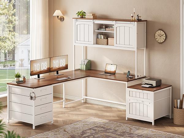 SEDETA 63 Inch Farmhouse L Shaped Office Desk with 6 Drawers Reversible Computer Corner Desk with Power Outlet and Hutch