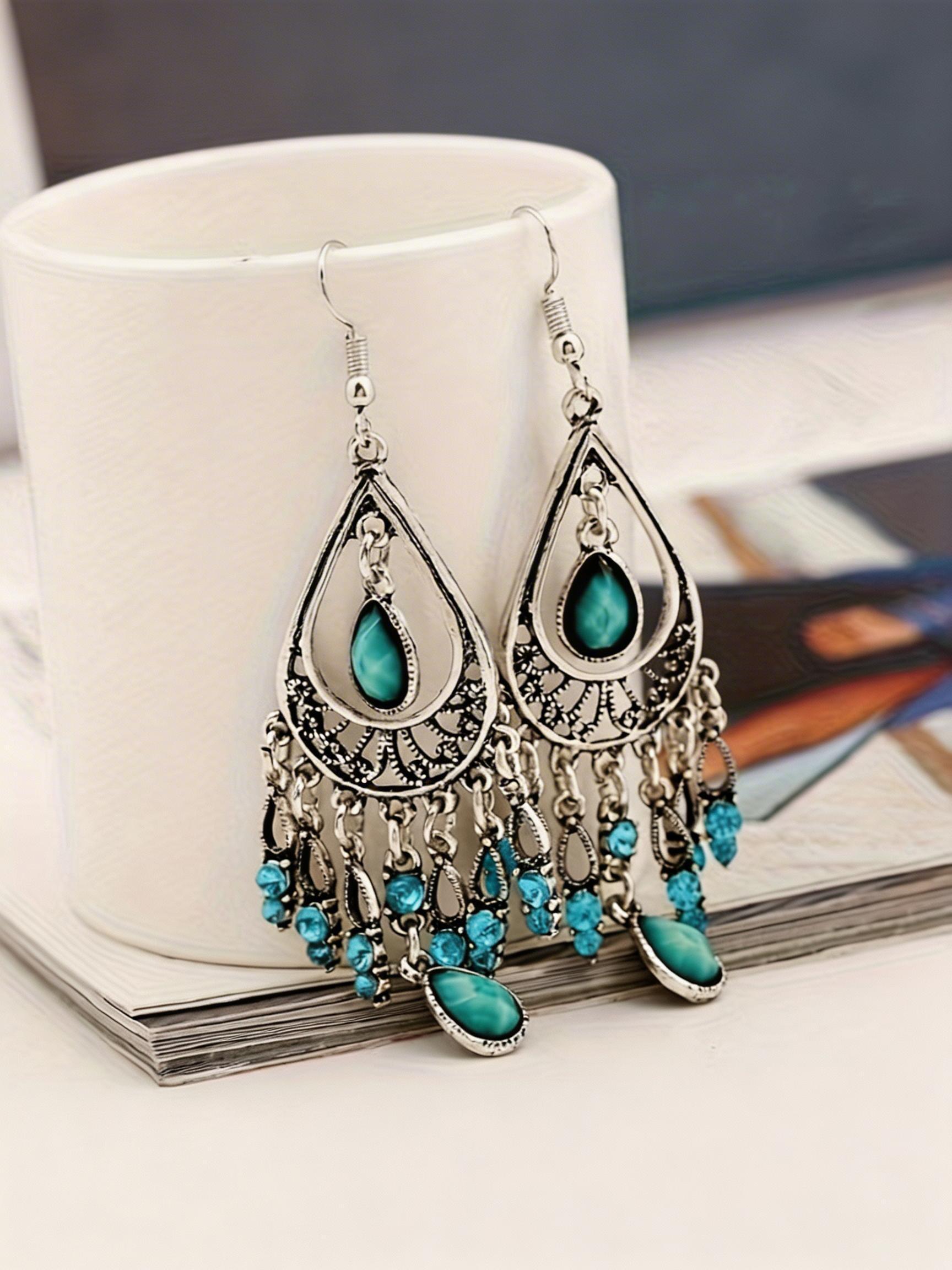 Luxurious Turquoise Textured Drop Earrings, Hook Style, Vintage Floral Design, Perfect for Weddings, Parties, Festivals, Women