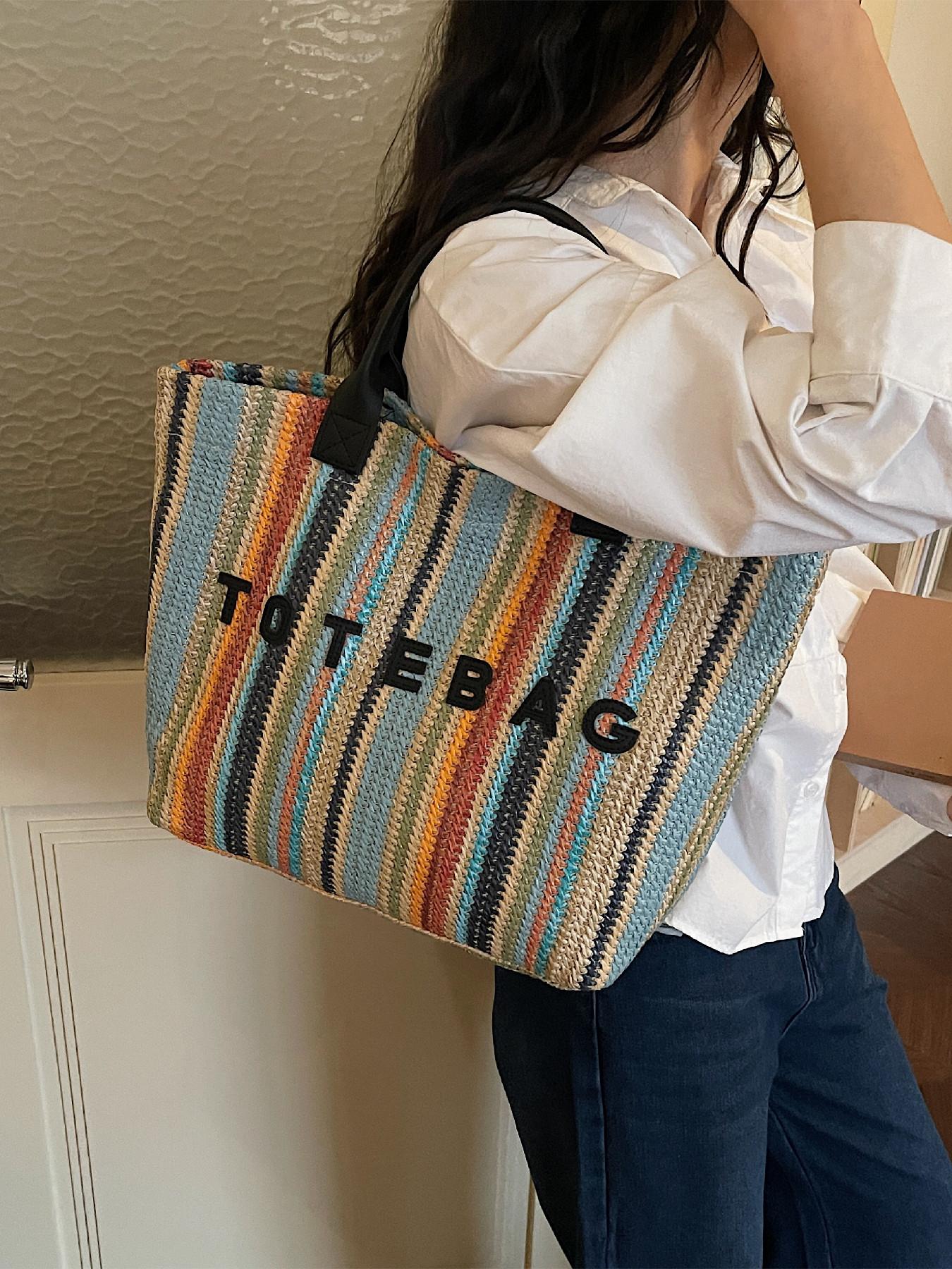 Simple Versatile Letter Decor Handwoven Straw Casual Tote Bag, Carry-Handle Design, Ideal for Daily Use, Beach Vacations, Outdoor Activities