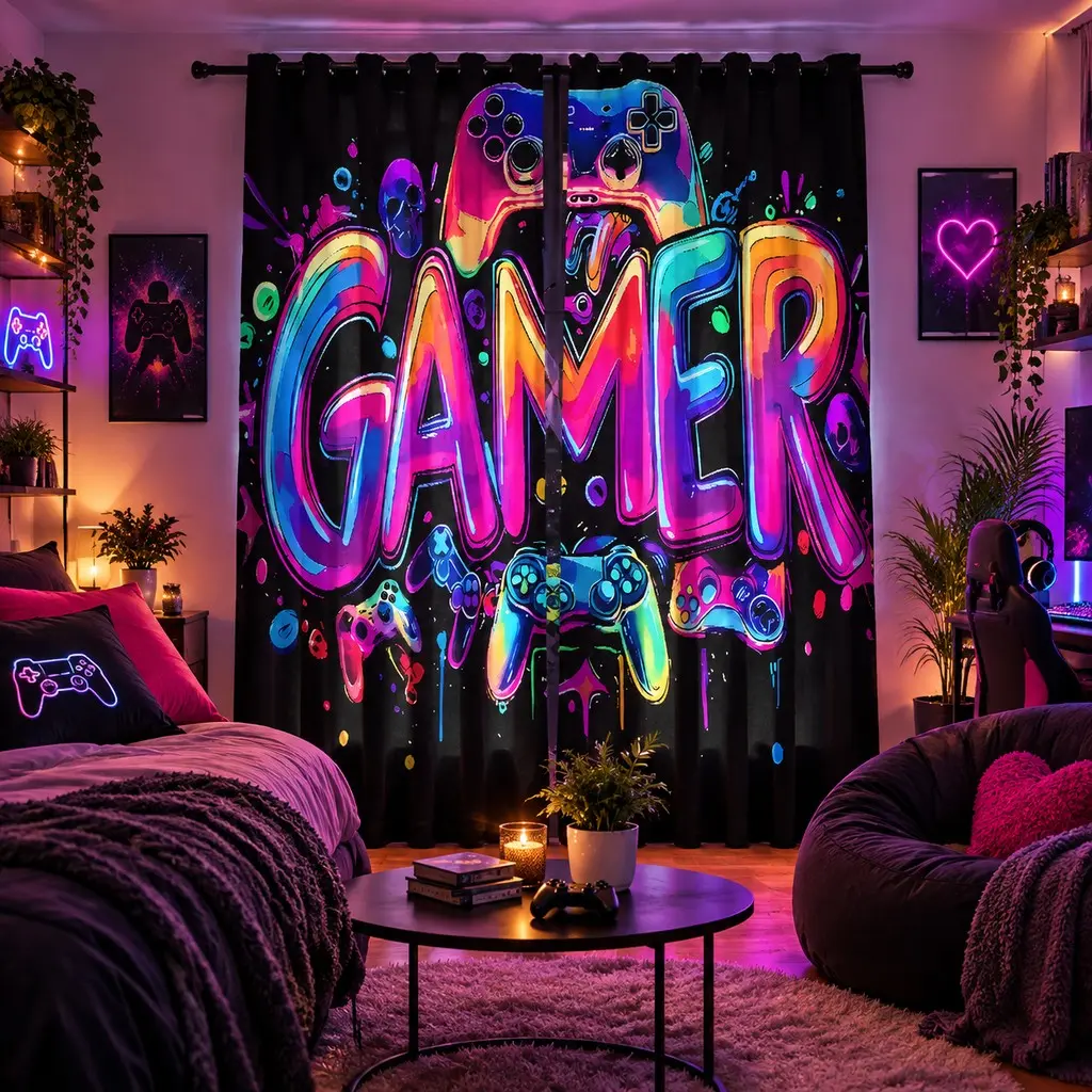 2-Pack Cyberpunk Gamer Curtains, Semi-Transparent Polyester, Ideal for Bedroom/living Room/home Office, Perfect for Gaming Decor, Window Curtain, Window Drapes, Semi Sheer Curtain