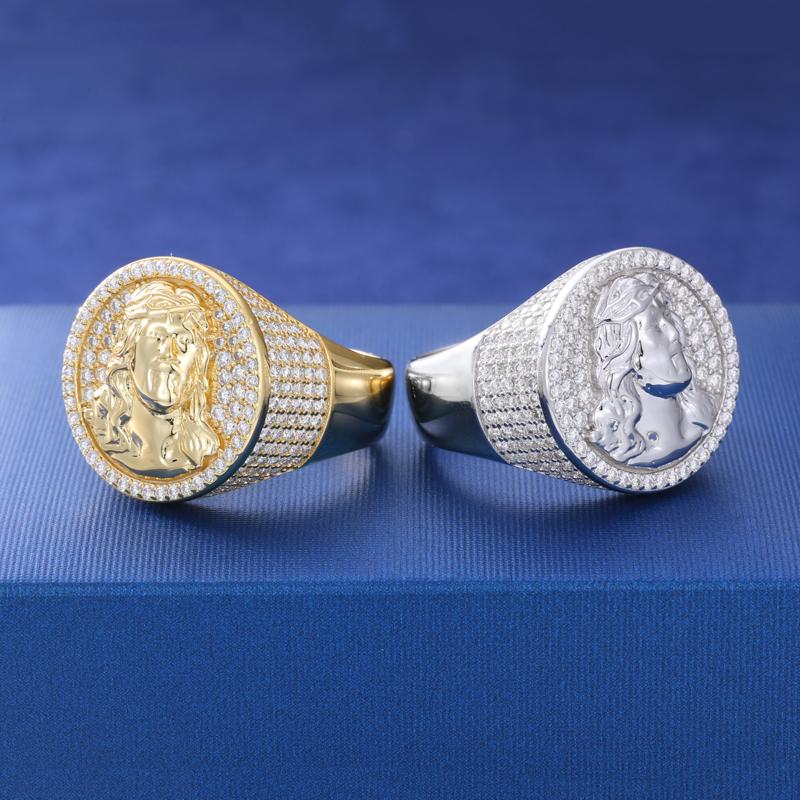 【#R426 】UCCIYO 18K Gold-Plated Round Jesus Ring with Lab-Grown Moissanite S925 Sterling Silver Moissanite Ring for Women Men Hip Hop Jewelry Gift