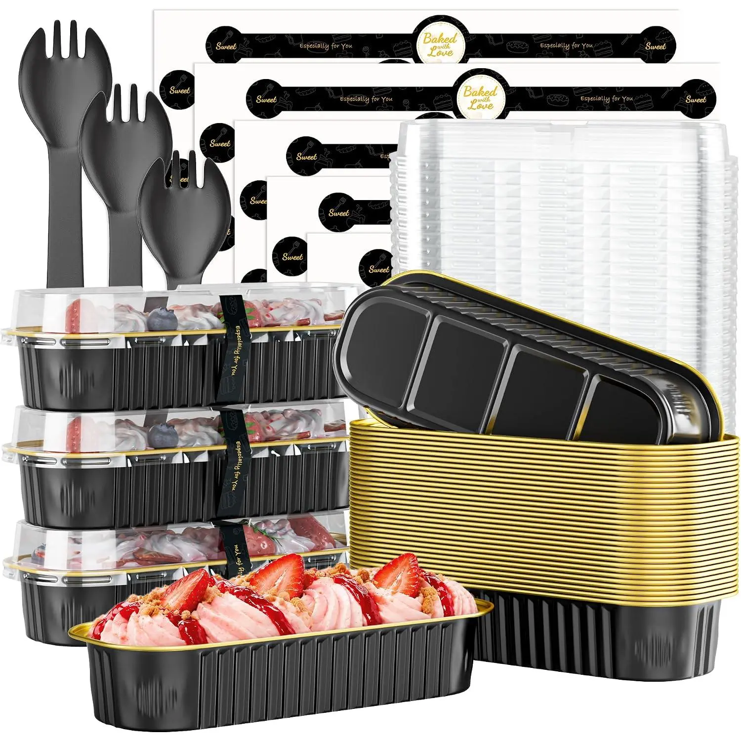 6.8oz Mini Loaf Cake Pans with  and Spoons Sealing Stickers, 30 Pack
