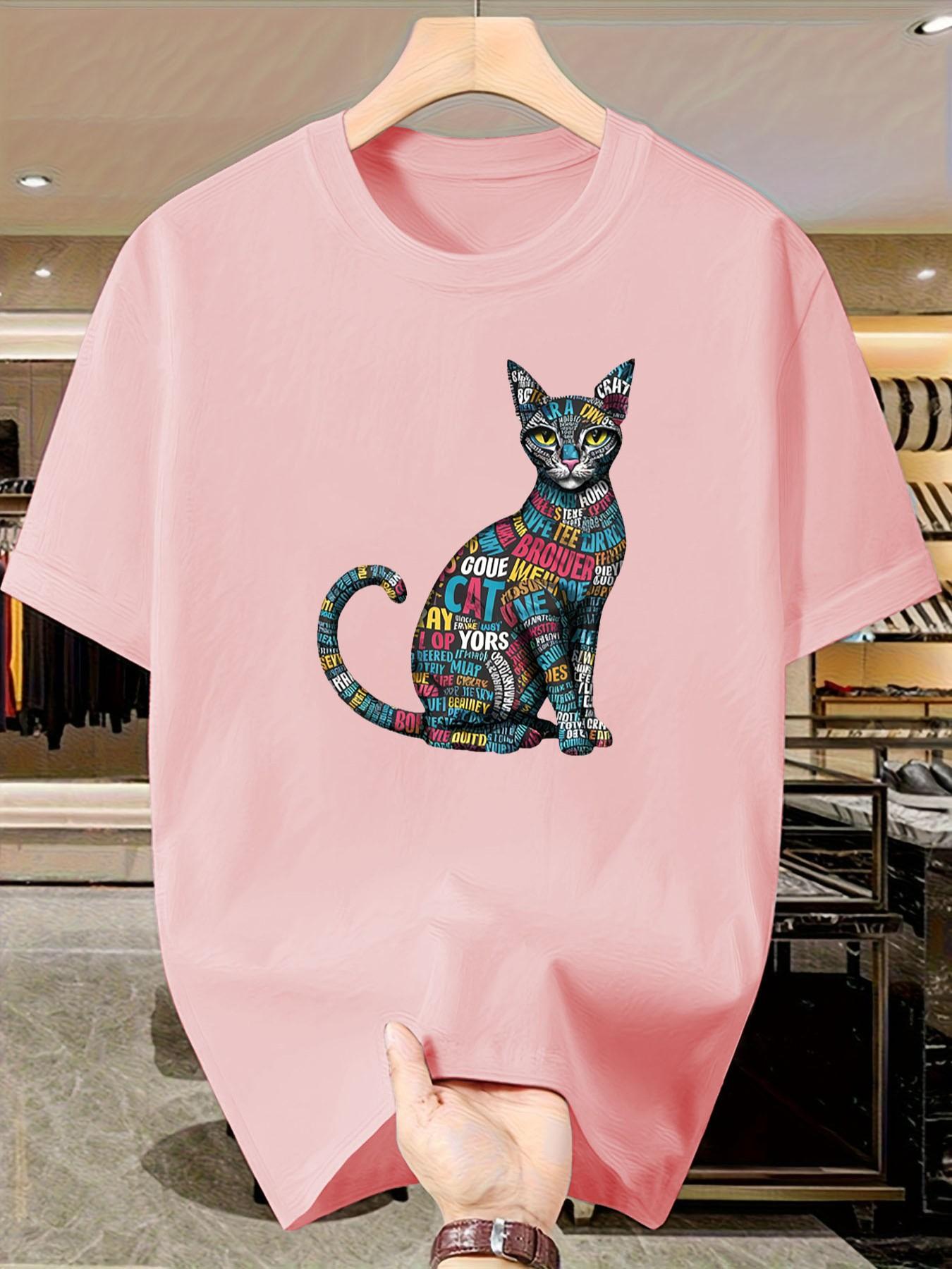 Artistic Word Puzzle Cat Short Sleeve T-Shirt, Summer Slim Fit Casual Top, Boys' Fashionable Tee, Unique Design, Cool Look