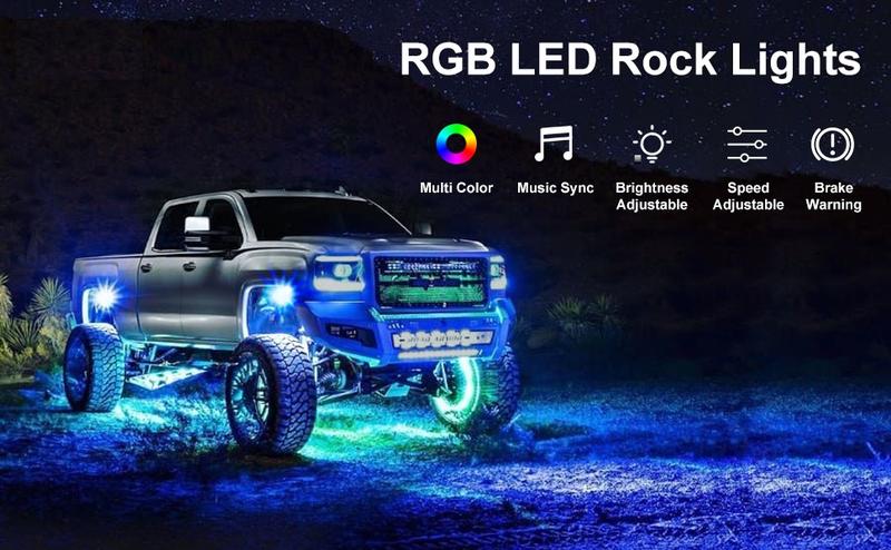 Multicolor RGB Rock Lights, 4 Pods Multicolor RGB LED Rock Lights Kit, APP Control, Flashing Music Mode Wheel Well Light, For Pickup Truck ATV UTV RZR SUV