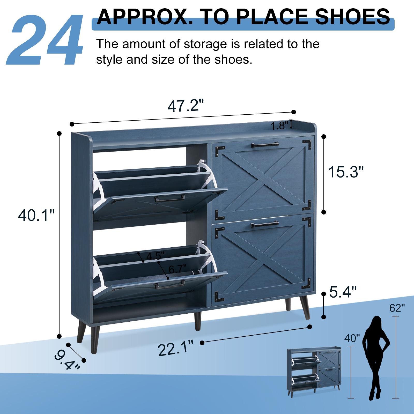 Farmhouse Shoe Storage Cabinet with 2-4 Flip Drawers & Barn Door Design - Freestanding Slim Narrow Shoe Organizer for Entryway, Foyer & Hallway