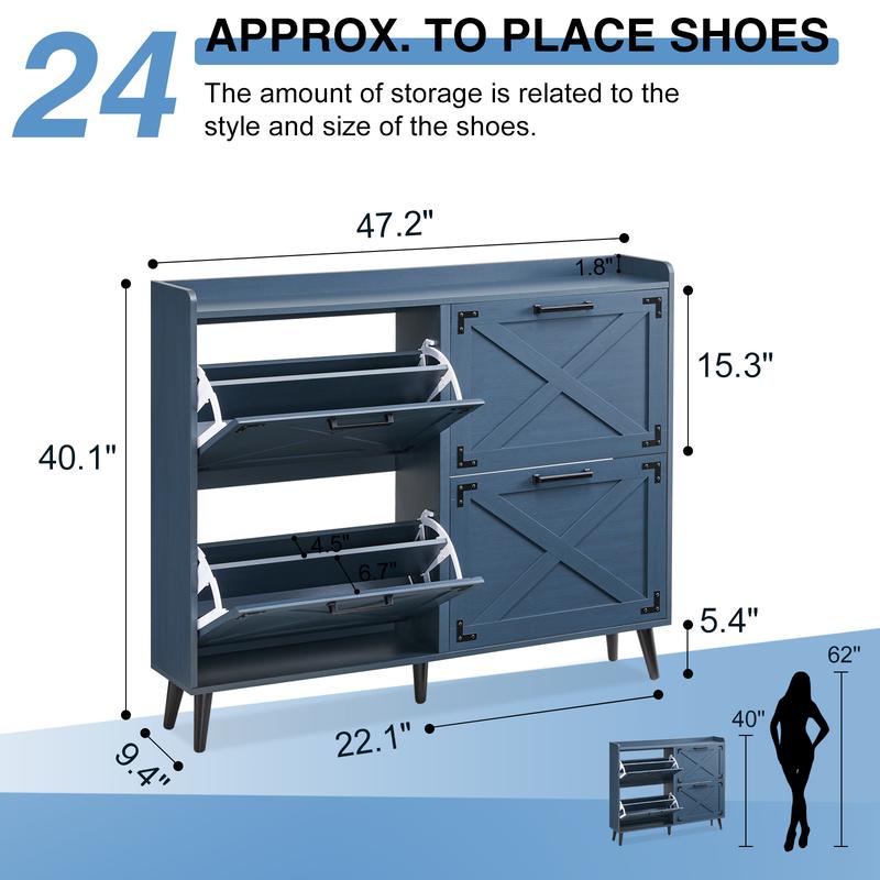 Farmhouse Shoe Storage Cabinet with 2-4 Flip Drawers & Barn Door Design - Freestanding Slim Narrow Shoe Organizer for Entryway, Foyer & Hallway