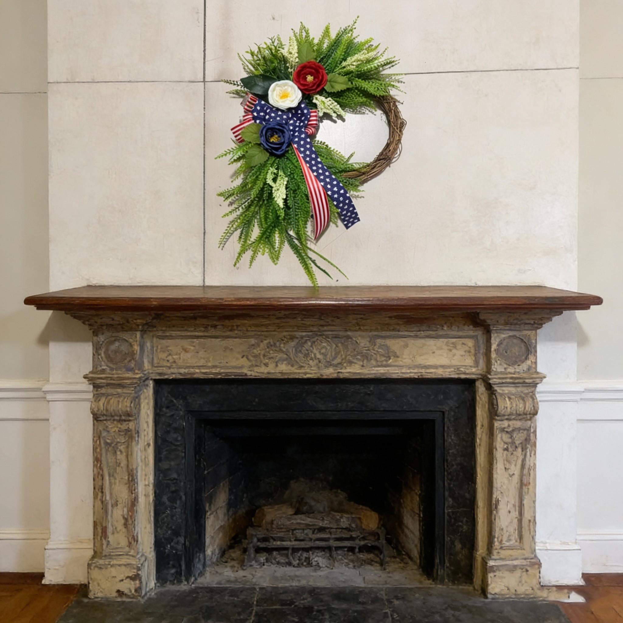 Elegant Patriotic Wreath Decor, Blue Floral Design with American Flag Bow, Memorial Day and Veterans Day Porch Decoration