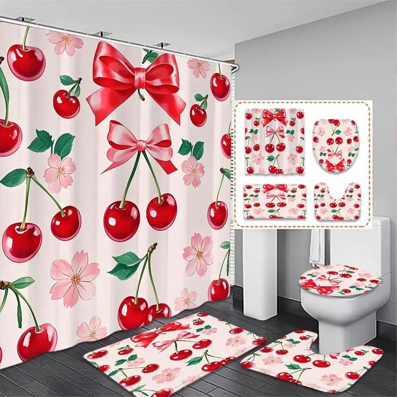 Cherry bow pattern shower curtain set, non-slip mat, U-shaped rug, toilet seat cover, perfect for bathroom decoration accessories, beautifies the space, includes 12 shower curtain hooks.