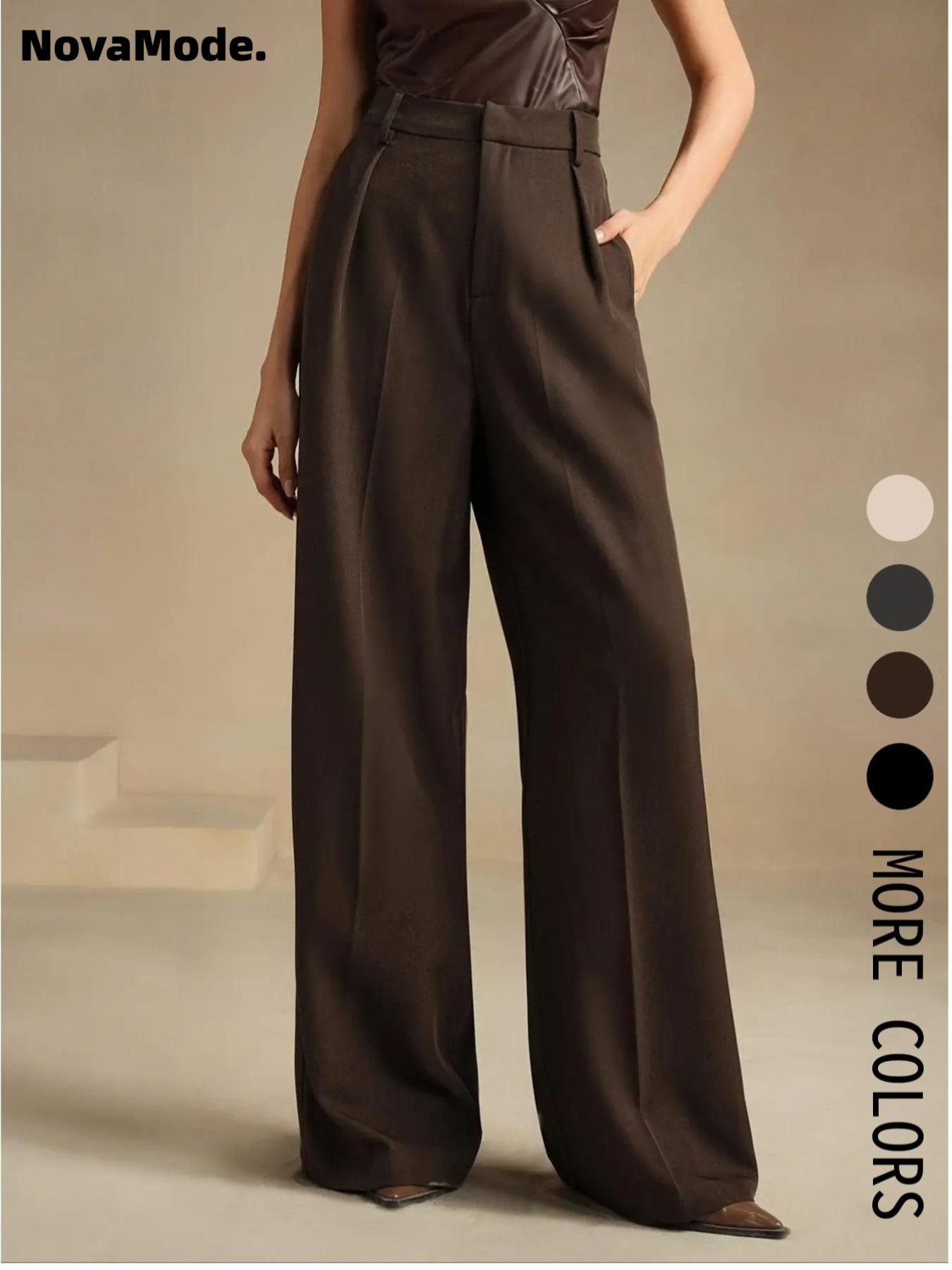 Women's Solid Color Wide Leg Loose Pants, Elegant Fashion Casual Trousers for Work Office Business, Ladies Bottoms for All Seasons