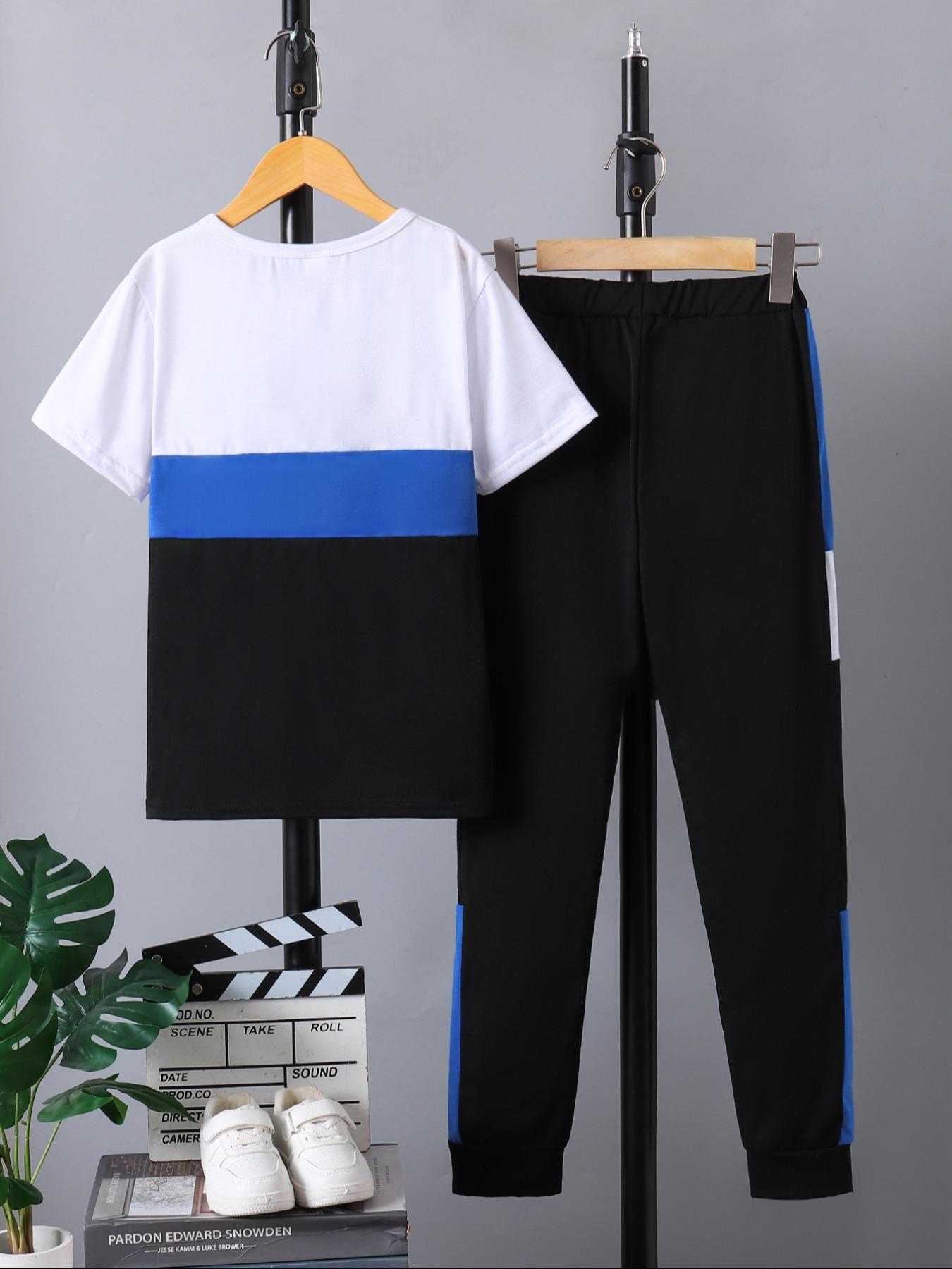 Boy's Letter Print Tee & Side Stripe Sweatpants Set, Round Neck Set, Colorblock Short Sleeve T-shirt & Jogger Pants, Casual Summer Outfits Clothes for Kids Children, Kids Athletic Clothing, Striped Sets, Youth Kits